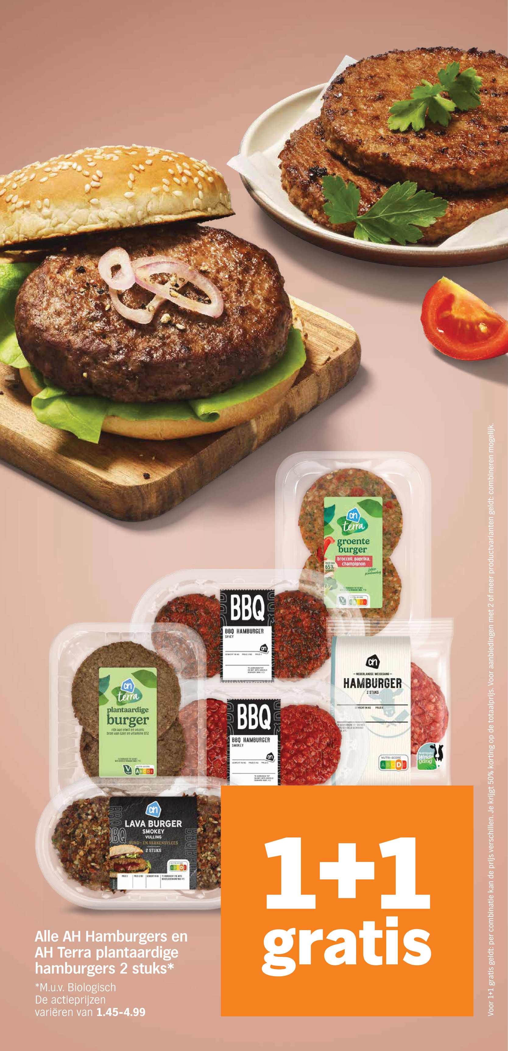 AH Hamburgers en AH Terra plantaardige hamburgers 2 stuks, gemarkeerd op pagina 9 van de Albert Heijn folder