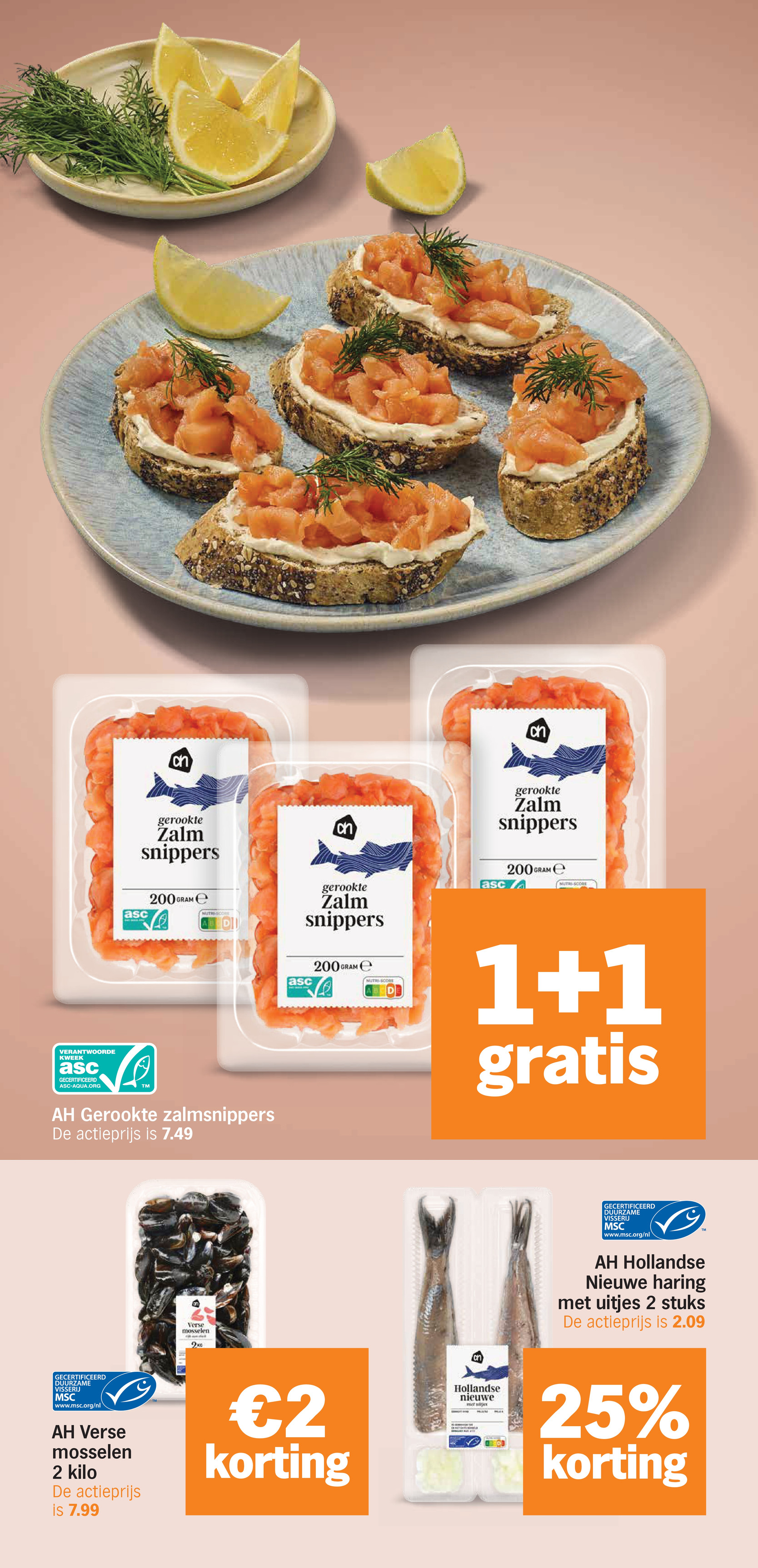 AH Gerookte zalmsnippers, gemarkeerd op pagina 10 van de Albert Heijn folder