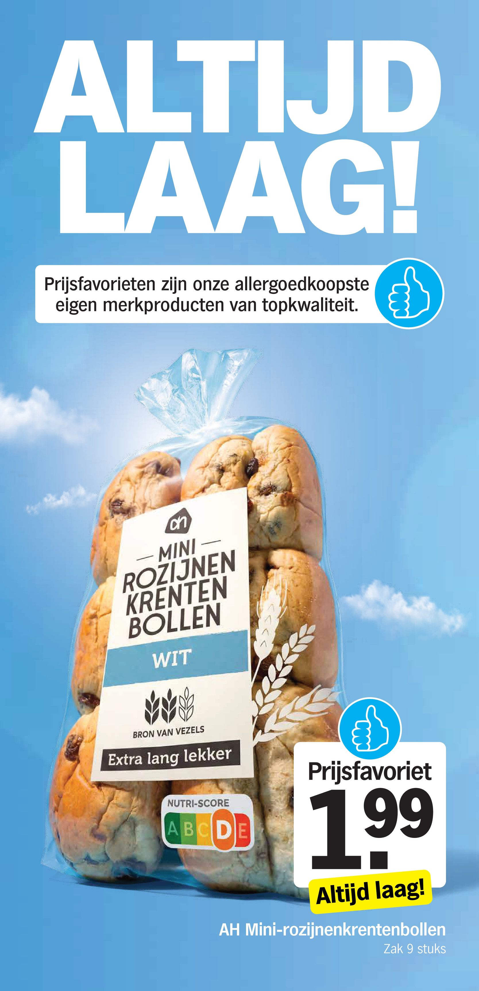AH Mini-rozijnenkrentenbollen, gemarkeerd op pagina 19 van de Albert Heijn folder