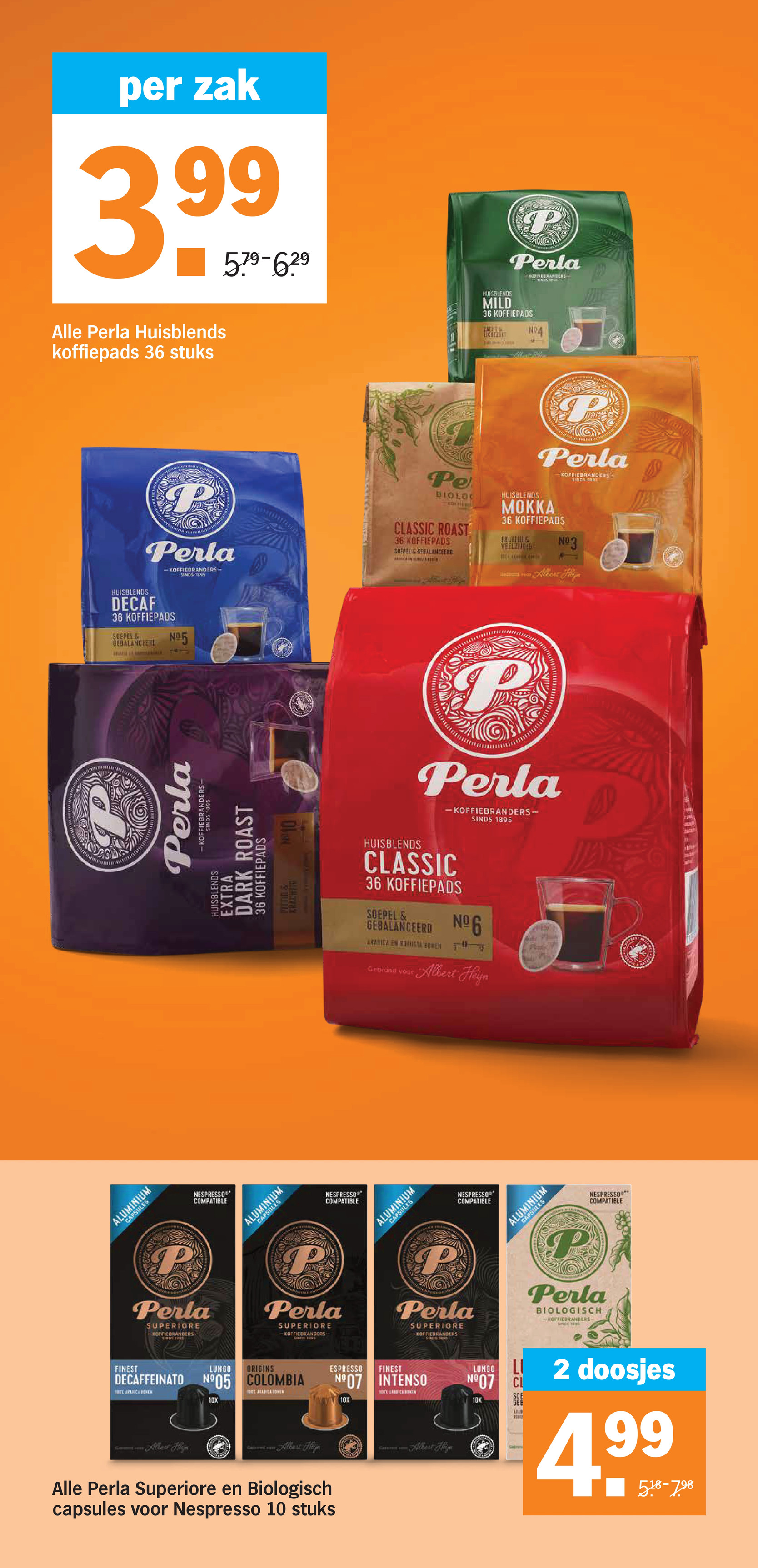 Perla Huisblends koffiepads, gemarkeerd op pagina 25 van de Albert Heijn folder