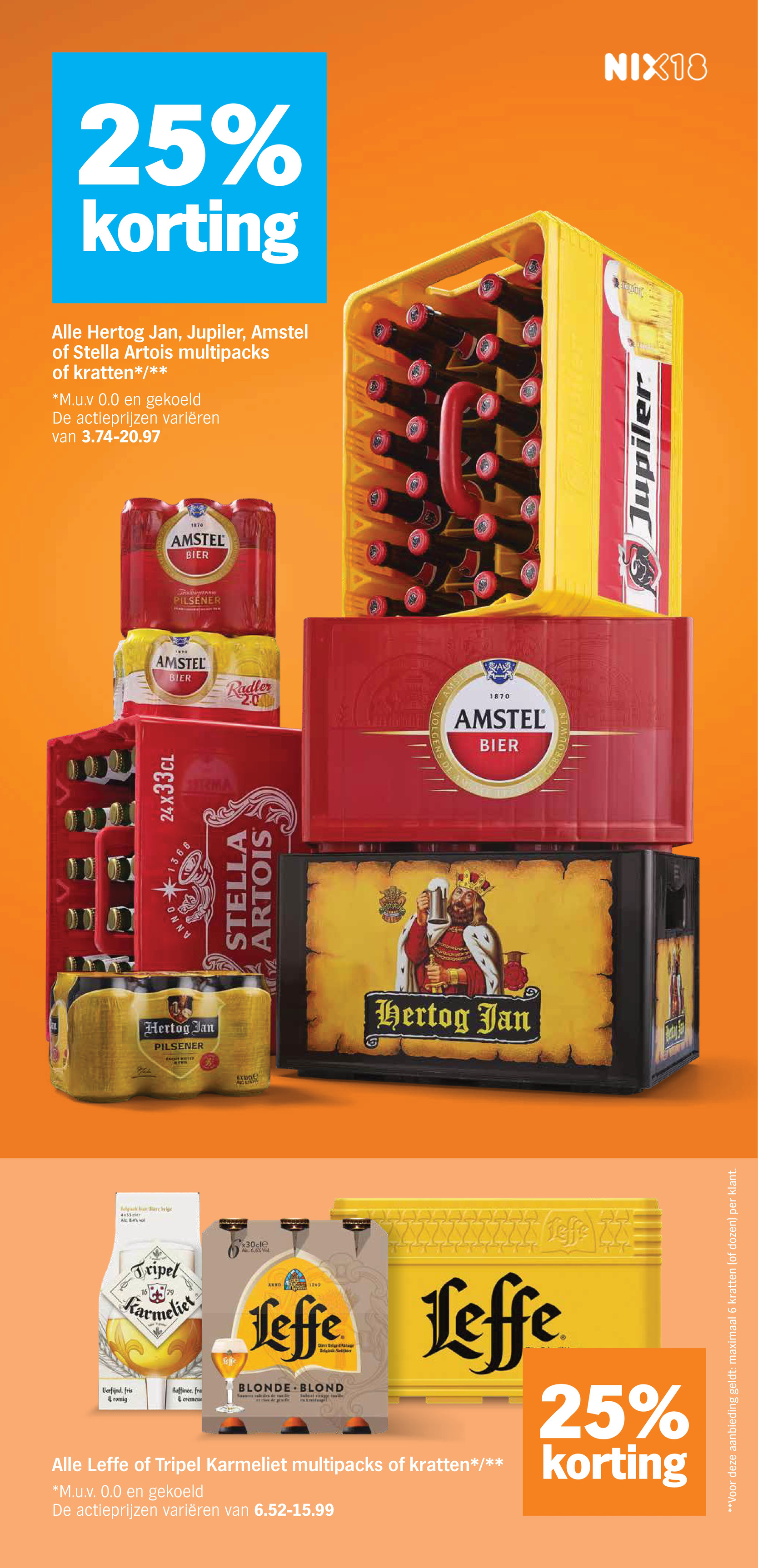 Multipacks en kratten Hertog Jan, Jupiler, Amstel of Stella Artois, gemarkeerd op pagina 29 van de Albert Heijn folder
