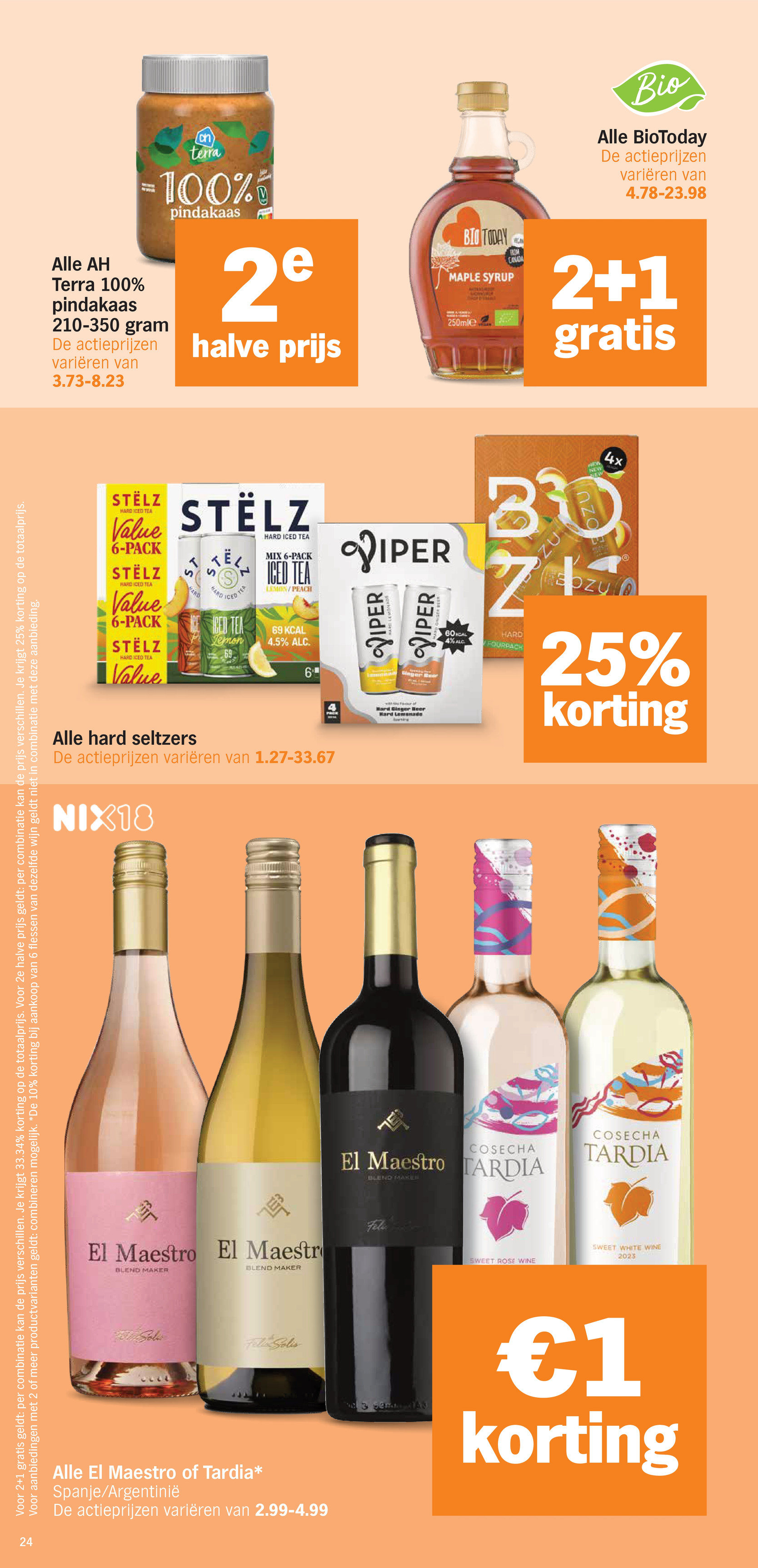 Alle AH Terra 100% pindakaas, gemarkeerd op pagina 24 van de Albert Heijn folder