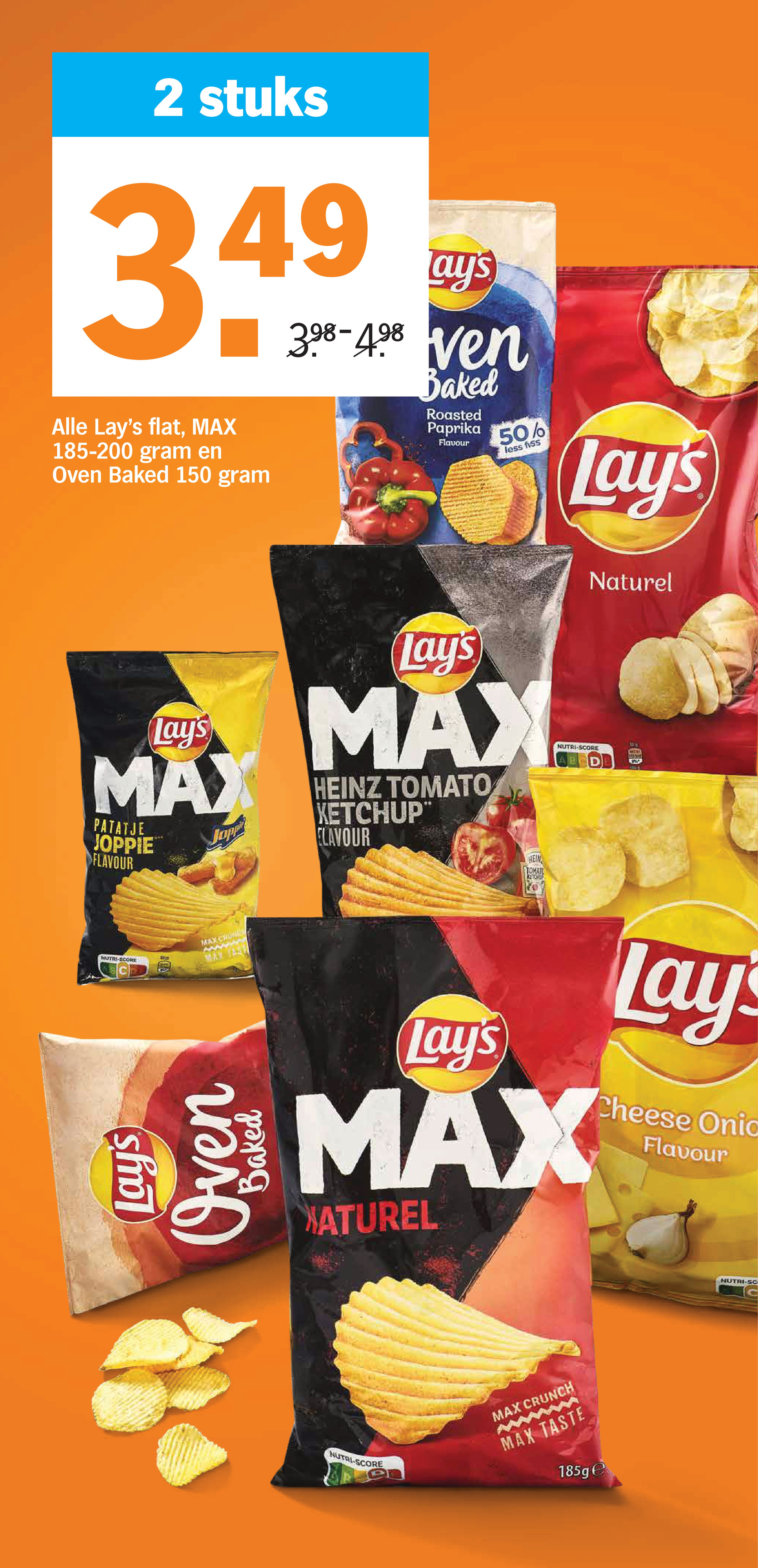 Lay's flat, MAX 185-200 gram en Oven Baked 150 gram, gemarkeerd op pagina 25 van de Albert Heijn folder
