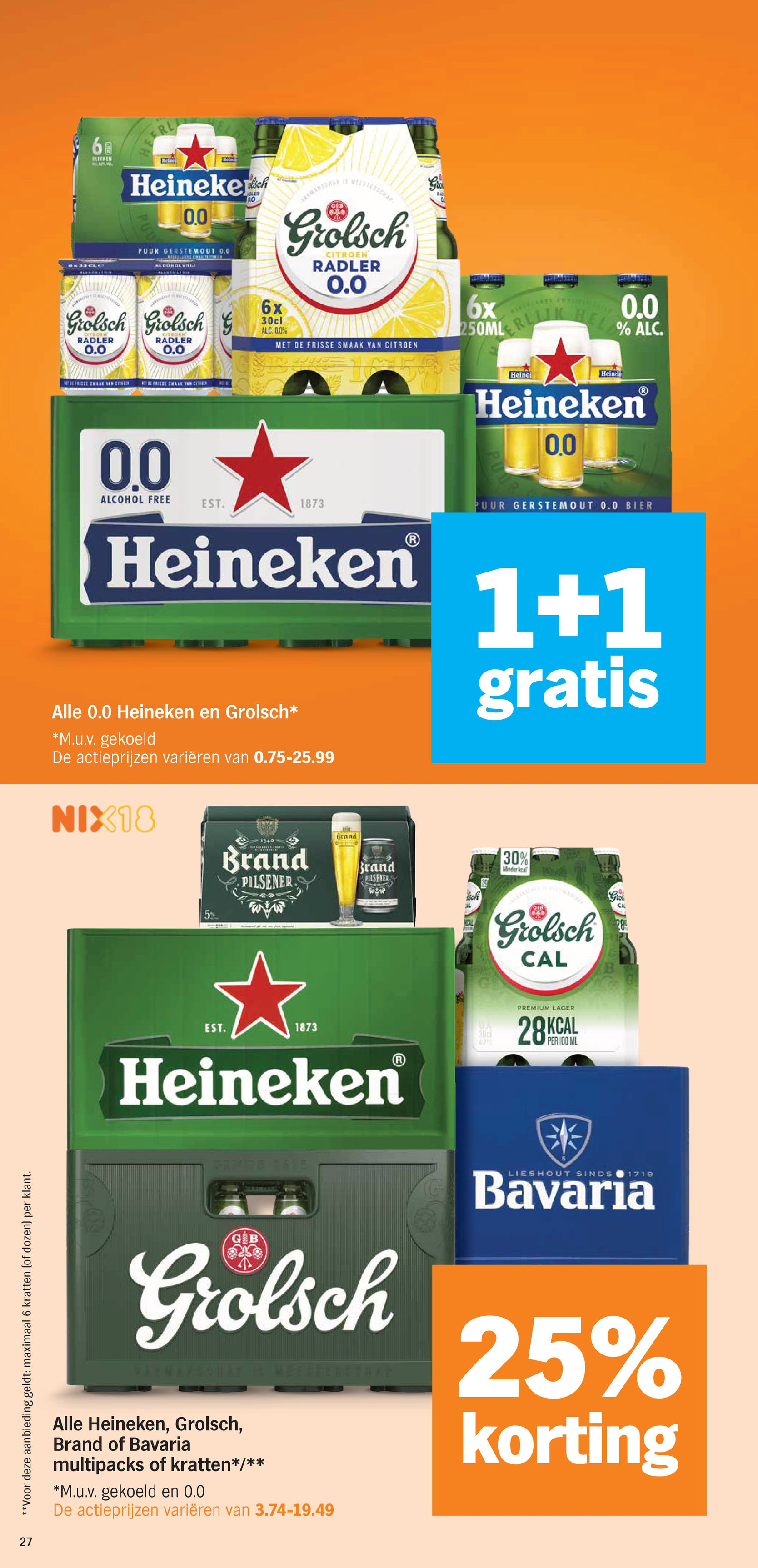 Alle Heineken, Grolsch, Brand of Bavaria, gemarkeerd op pagina 27 van de Albert Heijn folder