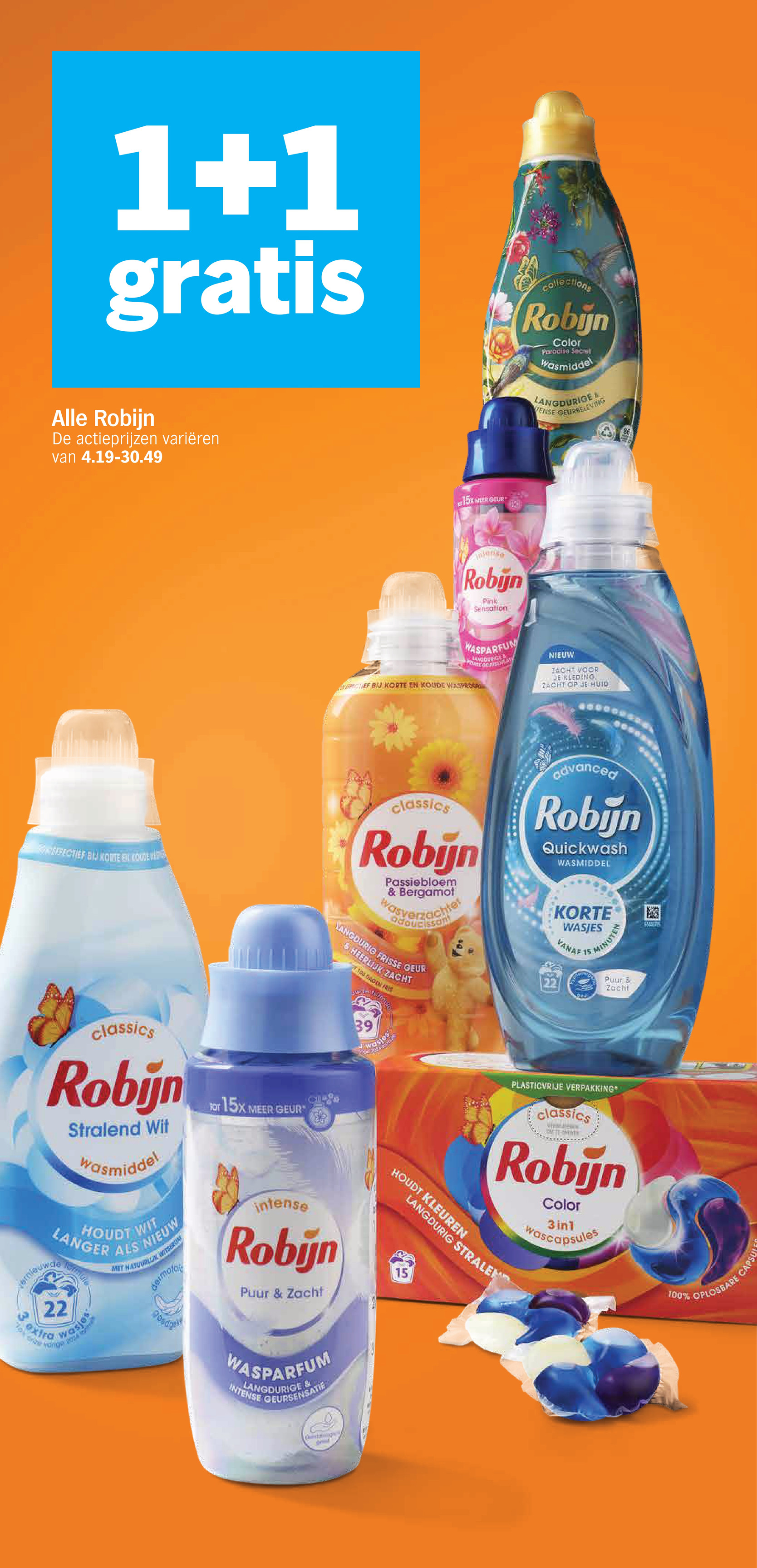 Alle Robijn wasmiddelen en verzorging, gemarkeerd op pagina 30 van de Albert Heijn folder