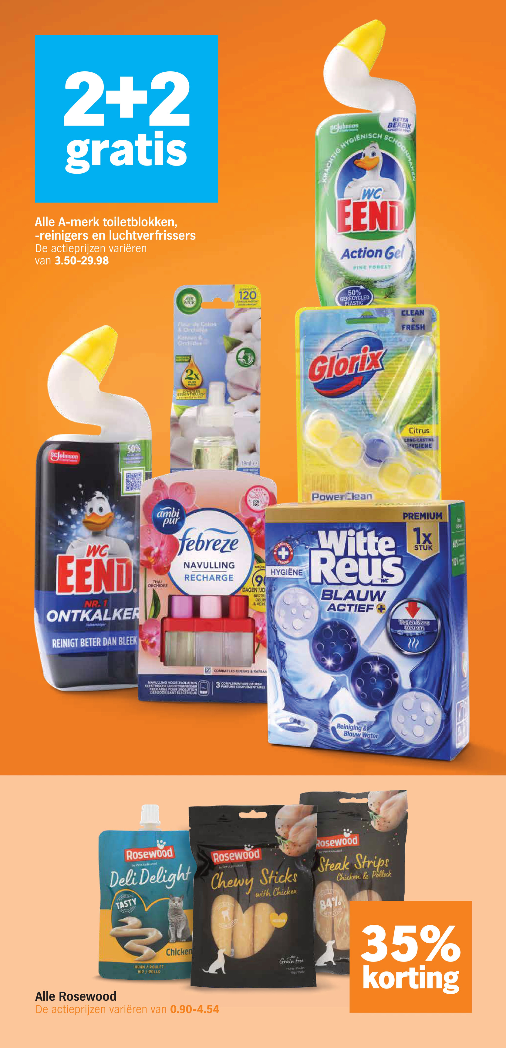 Alle A-merk toiletblokken, -reinigers en luchtverfrissers, gemarkeerd op pagina 33 van de Albert Heijn folder