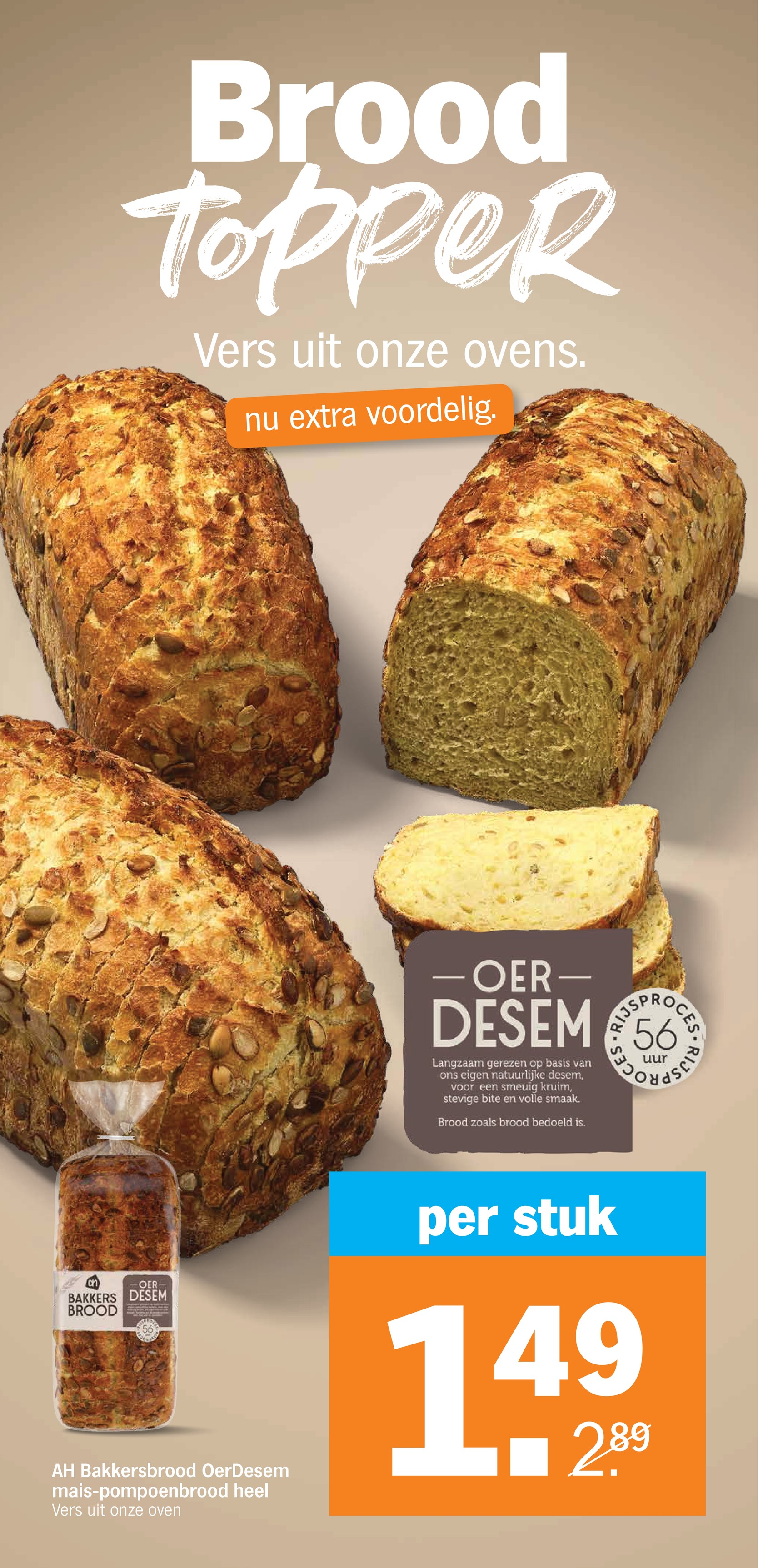 AH Bakkersbrood OerDesem mais-pompoenbrood heel, gemarkeerd op pagina 12 van de Albert Heijn folder