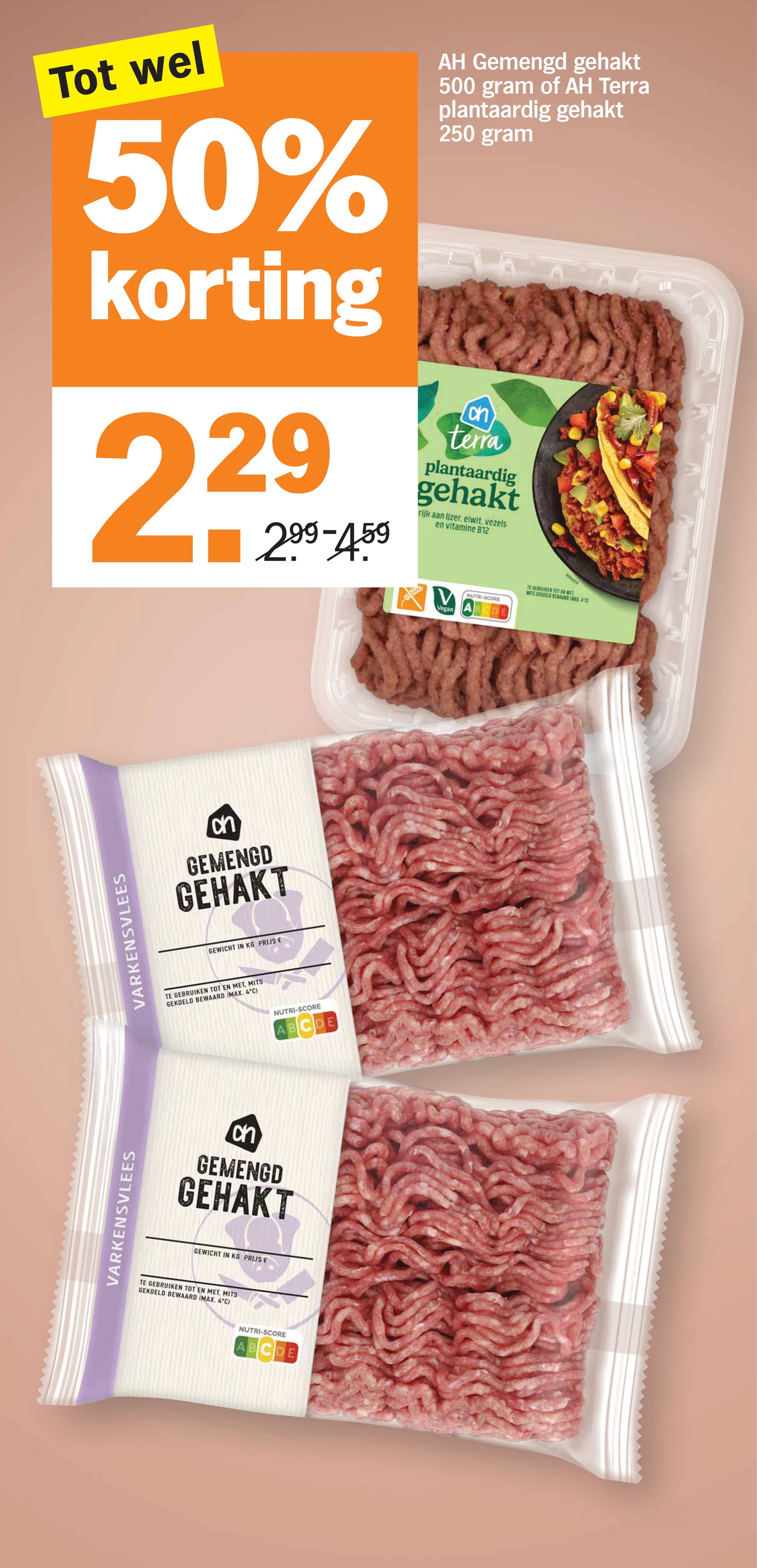 AH Gemengd gehakt of AH Terra plantaardig gehakt, gemarkeerd op pagina 14 van de Albert Heijn folder