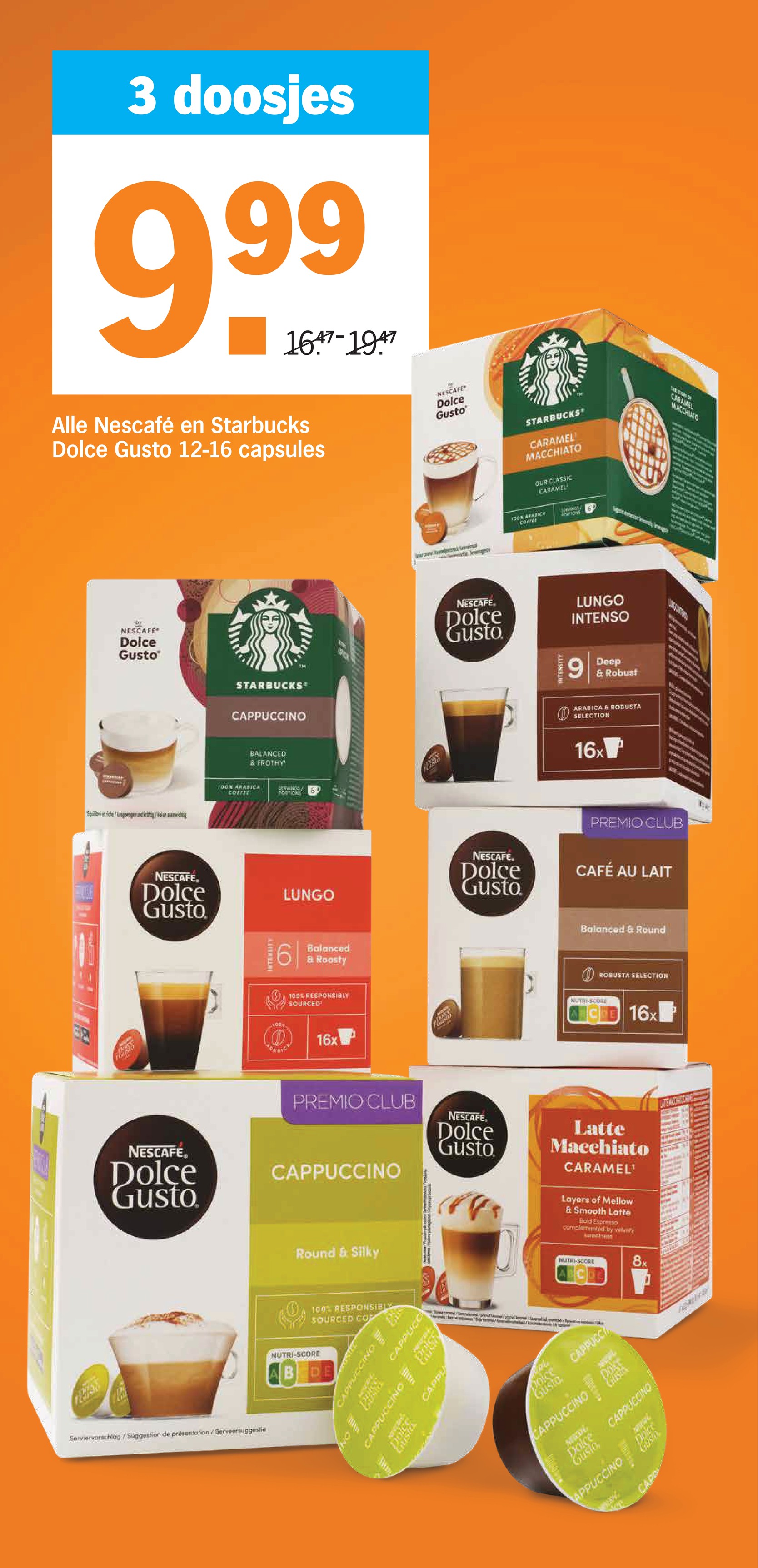 Alle Nescafé en Starbucks Dolce Gusto 12-16 capsules, gemarkeerd op pagina 23 van de Albert Heijn folder