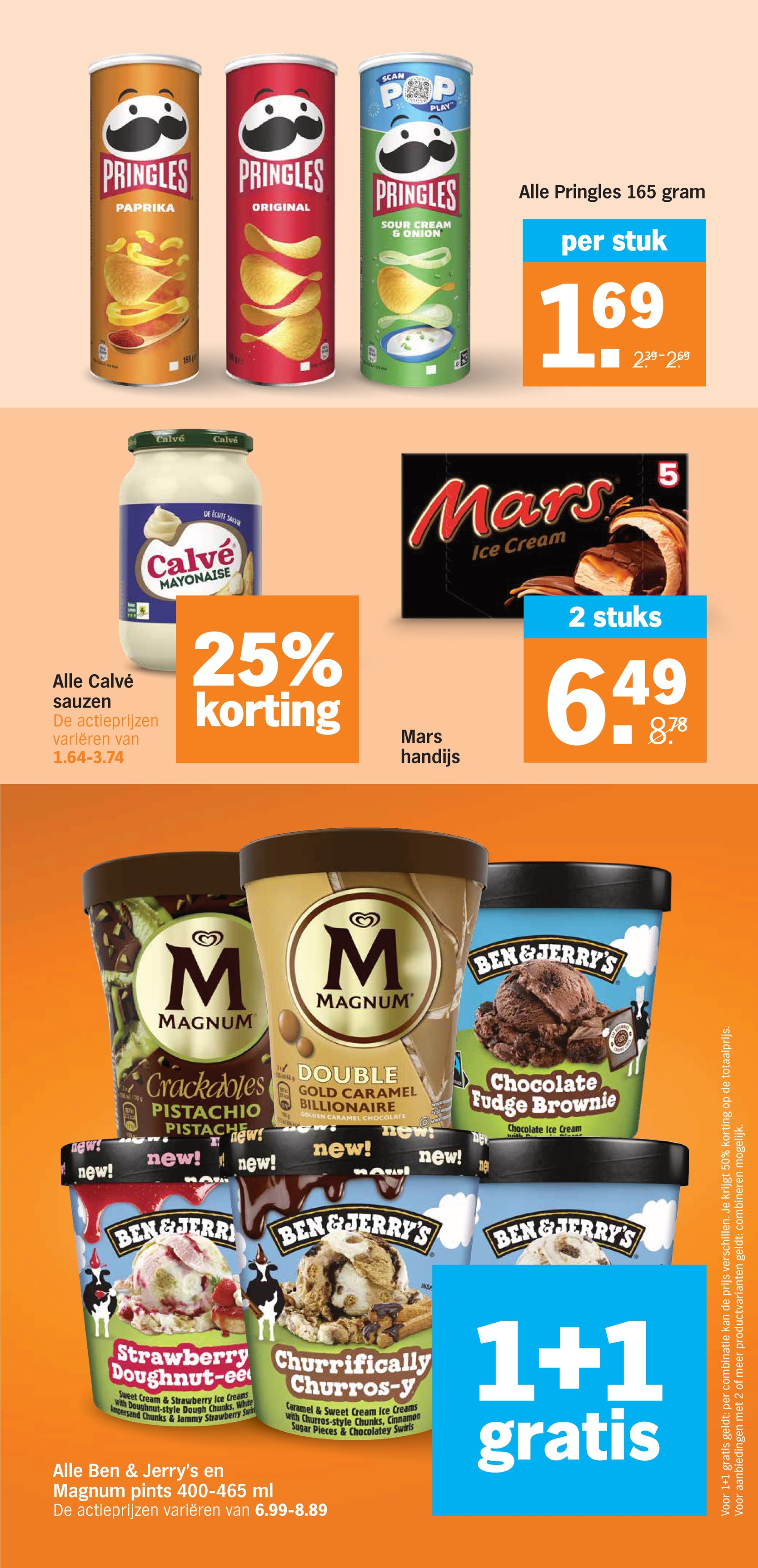 Pringles 165 gram, gemarkeerd op pagina 24 van de Albert Heijn folder
