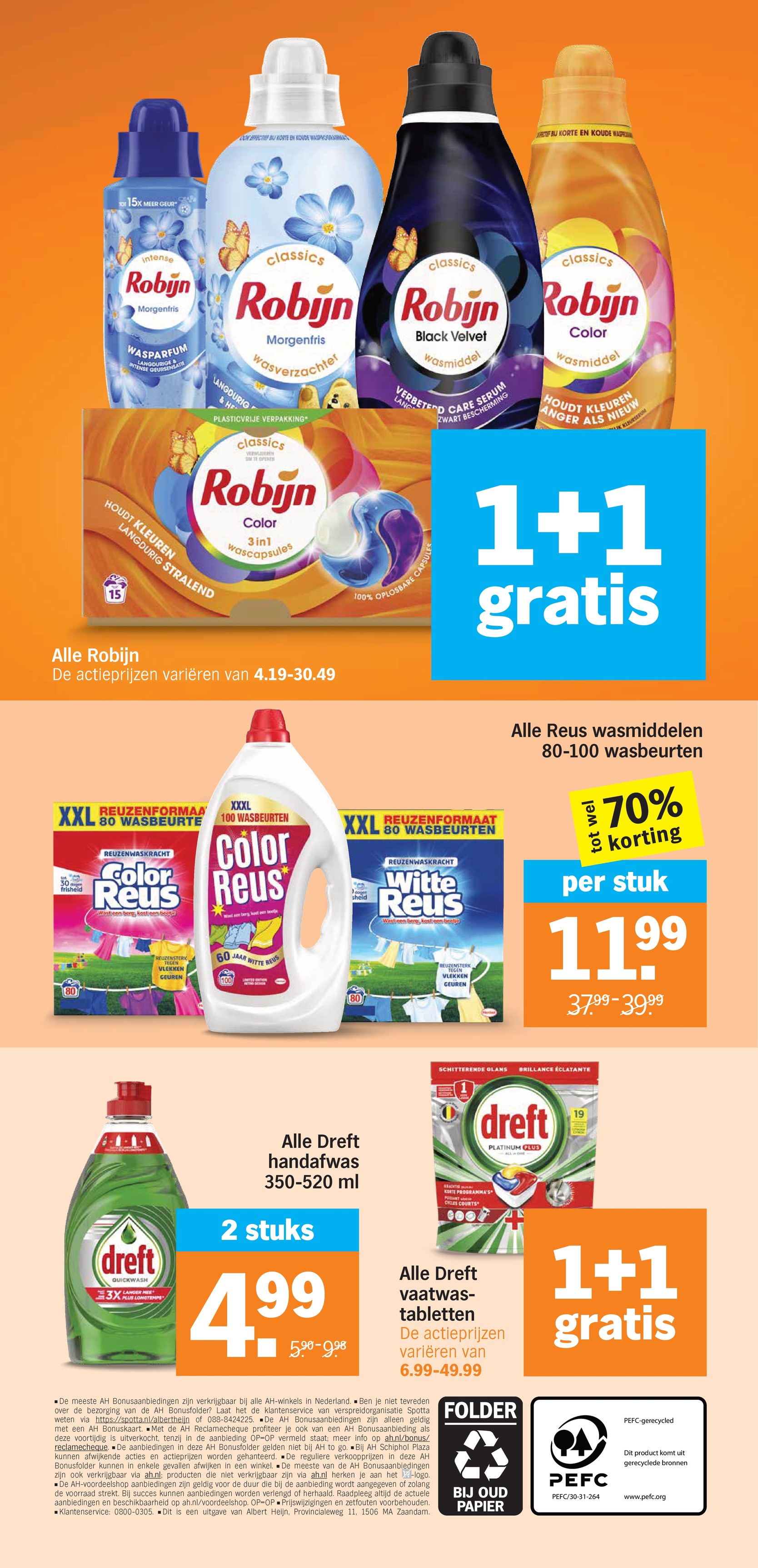 Alle Robijn wasmiddelen en wasverzachter, gemarkeerd op pagina 36 van de Albert Heijn folder