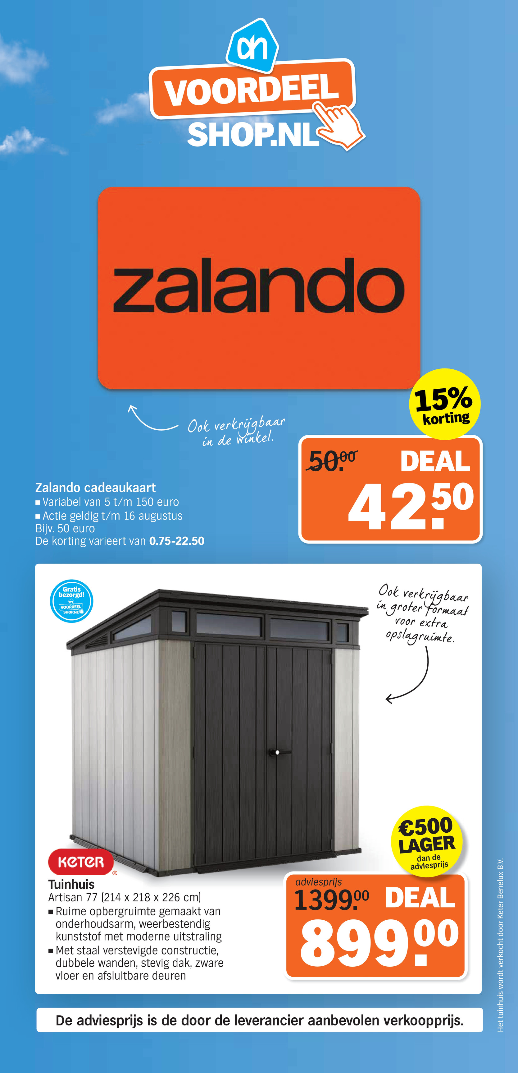 Tuinhuis Artisan 77, gemarkeerd op pagina 2 van de Albert Heijn folder