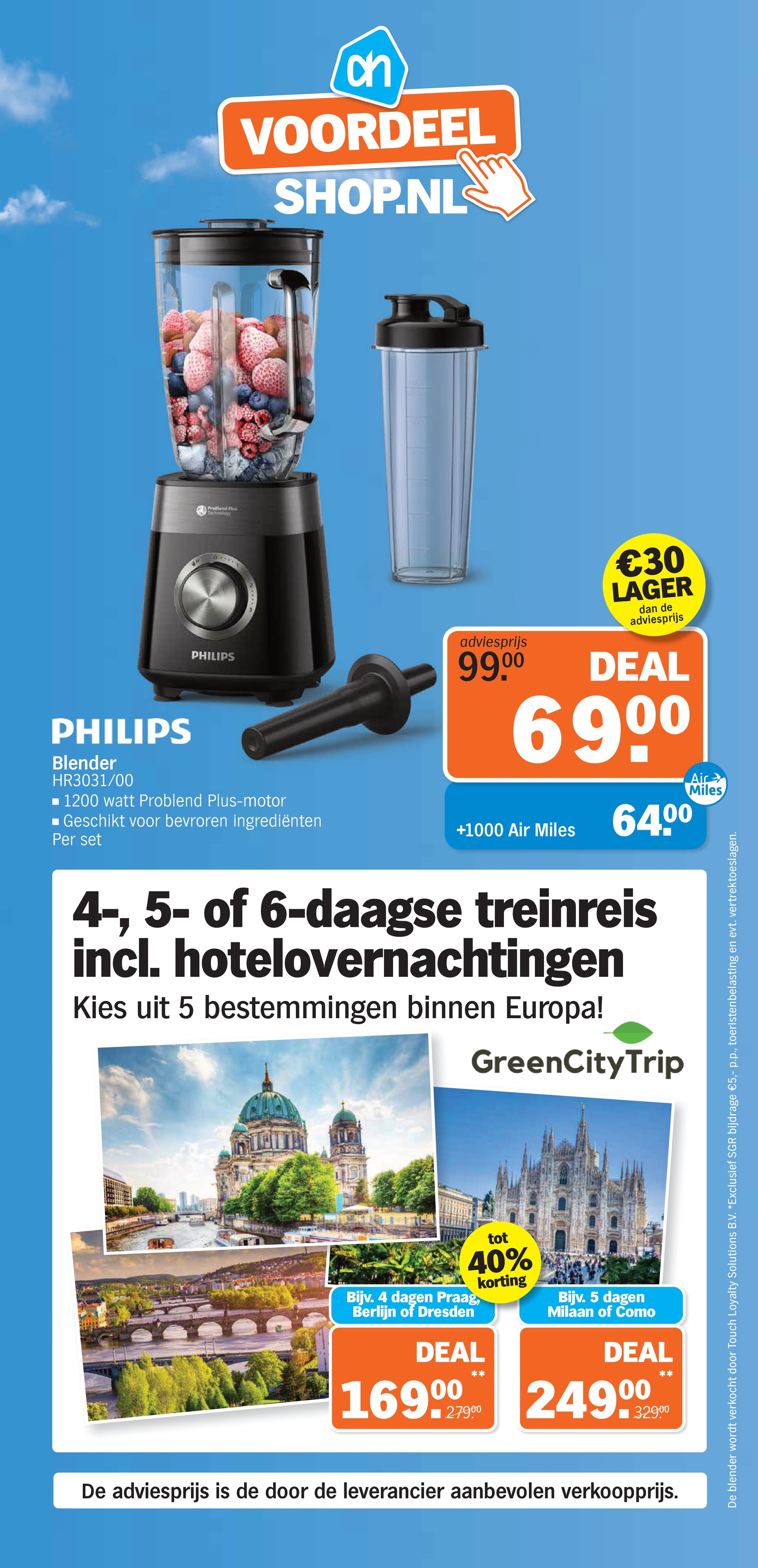 4-daagse treinreis incl. overnachtingen, gemarkeerd op pagina 1 van de Albert Heijn folder