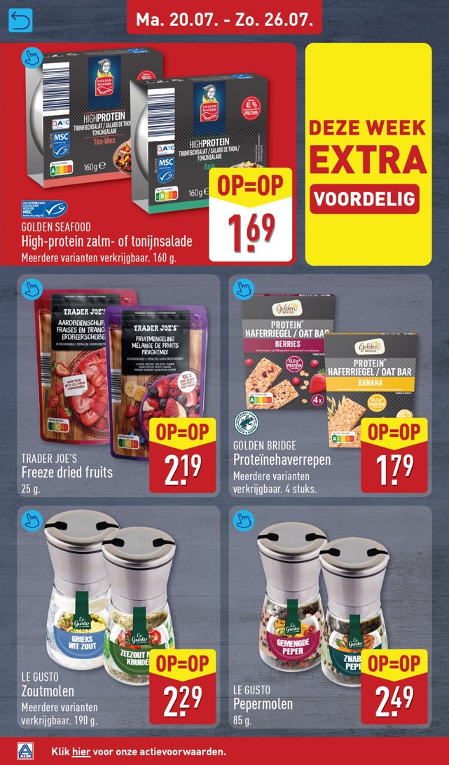 Golden Seafood High-protein zalm- of tonijnsalade, gemarkeerd op pagina 14 van de Aldi folder