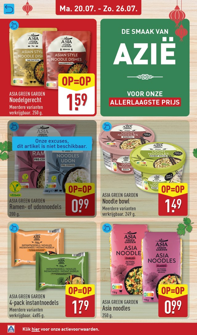 ASIA GREEN GARDEN 4-pack instantnoedels, gemarkeerd op pagina 26 van de Aldi folder
