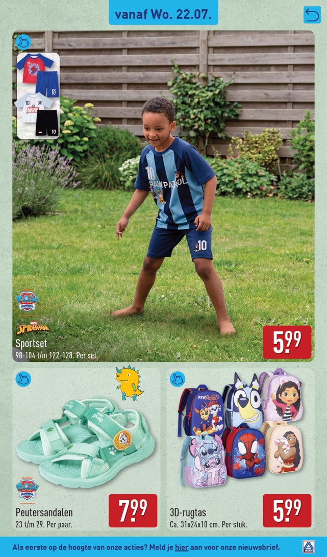 Peutersandalen, gemarkeerd op pagina 45 van de Aldi folder