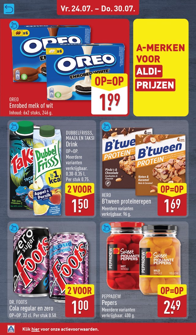 DubbelFriss, Maaza en Taksi Drink, gemarkeerd op pagina 50 van de Aldi folder