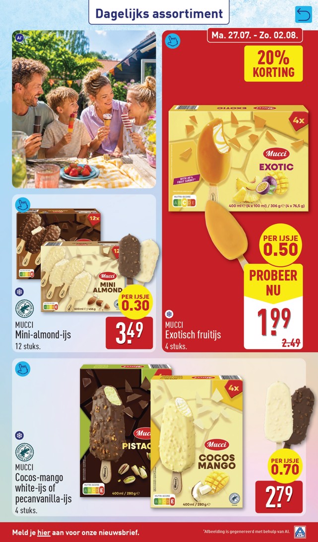 Cocos-mango white-ijs of pecanvanilla-ijs, gemarkeerd op pagina 29 van de Aldi folder