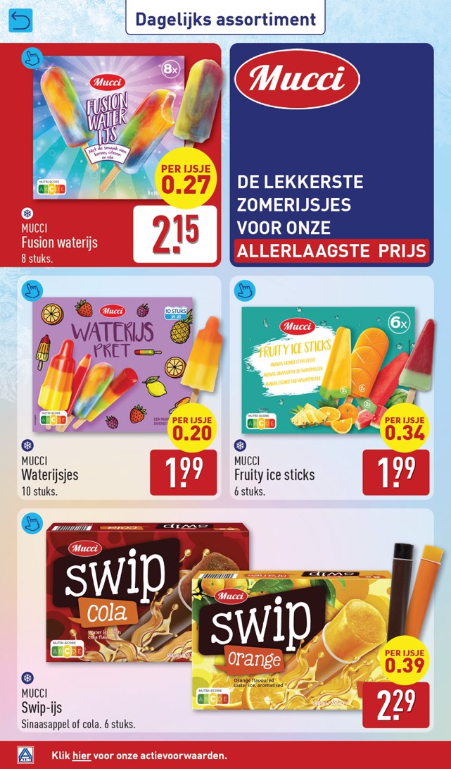 Mucci Fruity ice sticks, gemarkeerd op pagina 32 van de Aldi folder