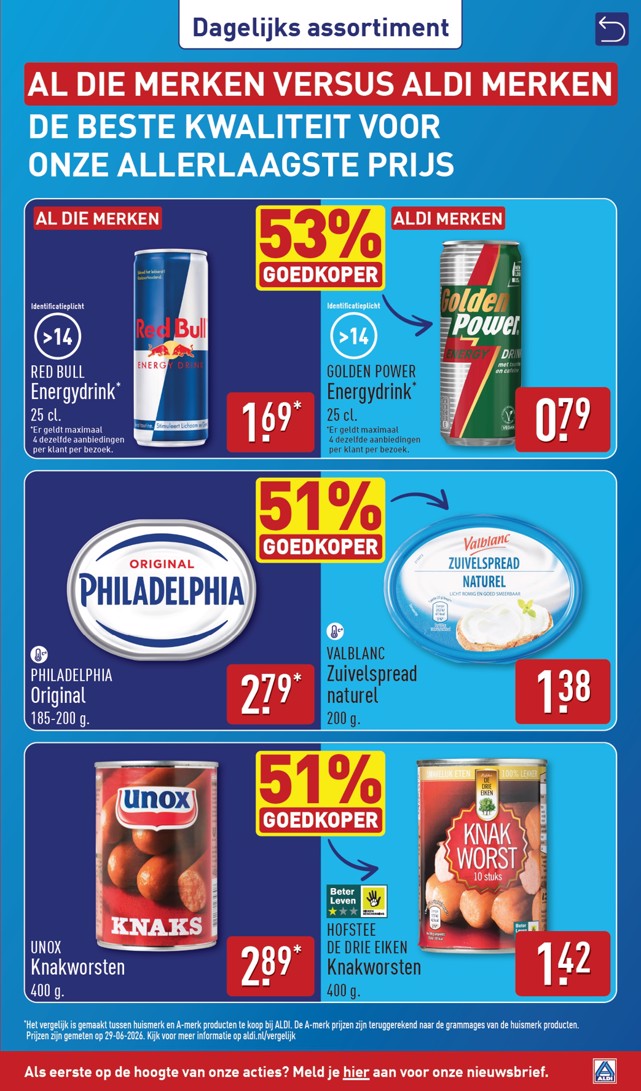 Golden Power Energydrink, gemarkeerd op pagina 59 van de Aldi folder