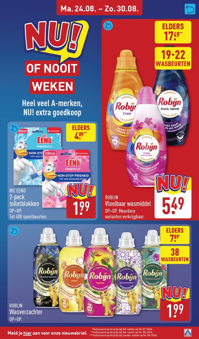 Robijn Wasverzachter, gemarkeerd op pagina 27 van de Aldi folder