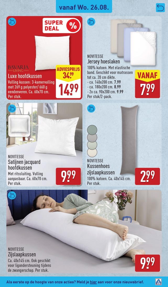 Luxe hoofdkussen, gemarkeerd op pagina 49 van de Aldi folder