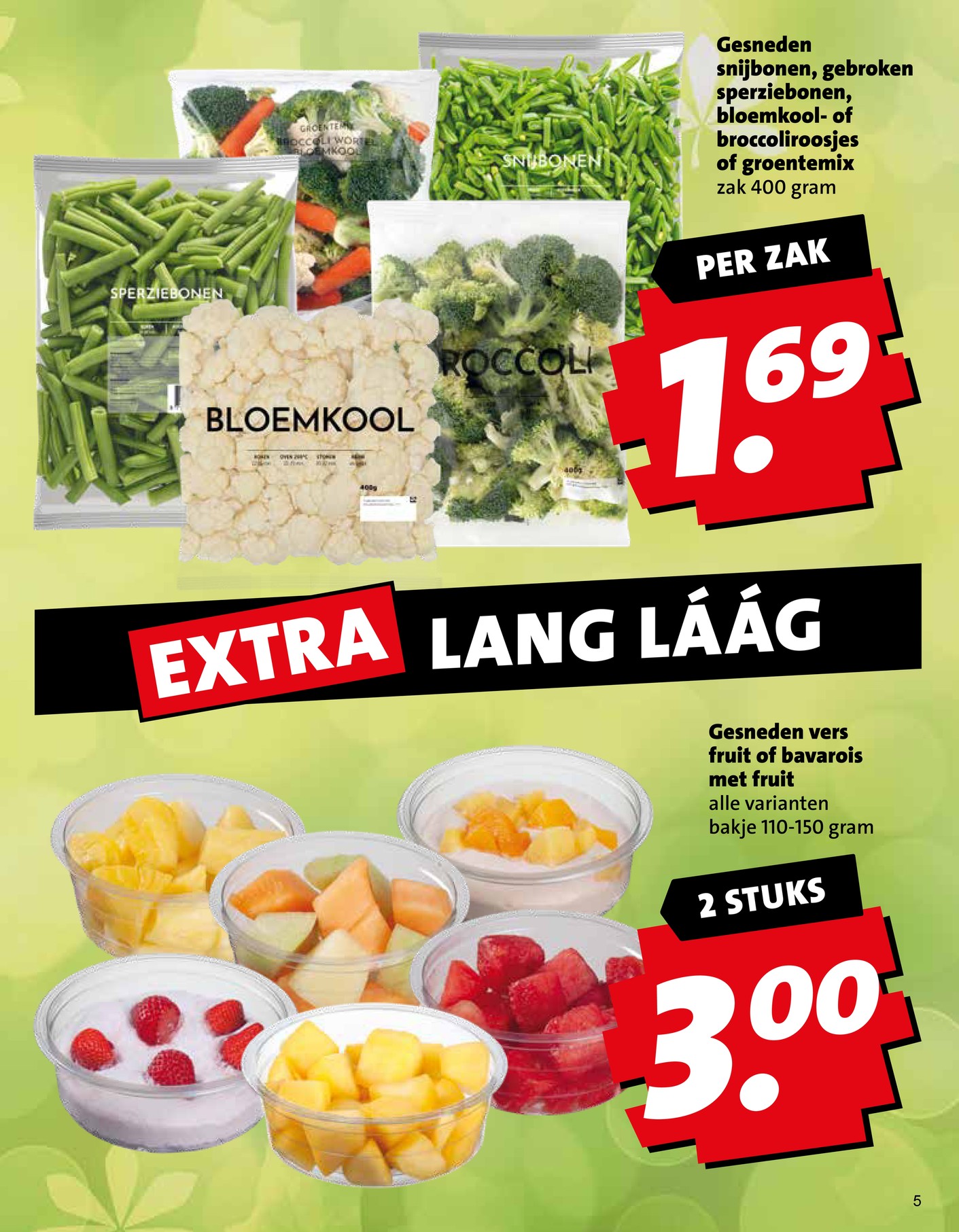 Gesneden snijbonen, gebroken sperziebonen, bloemkool- of broccoliroosjes of groentemix, gemarkeerd op pagina 5 van de Boni folder