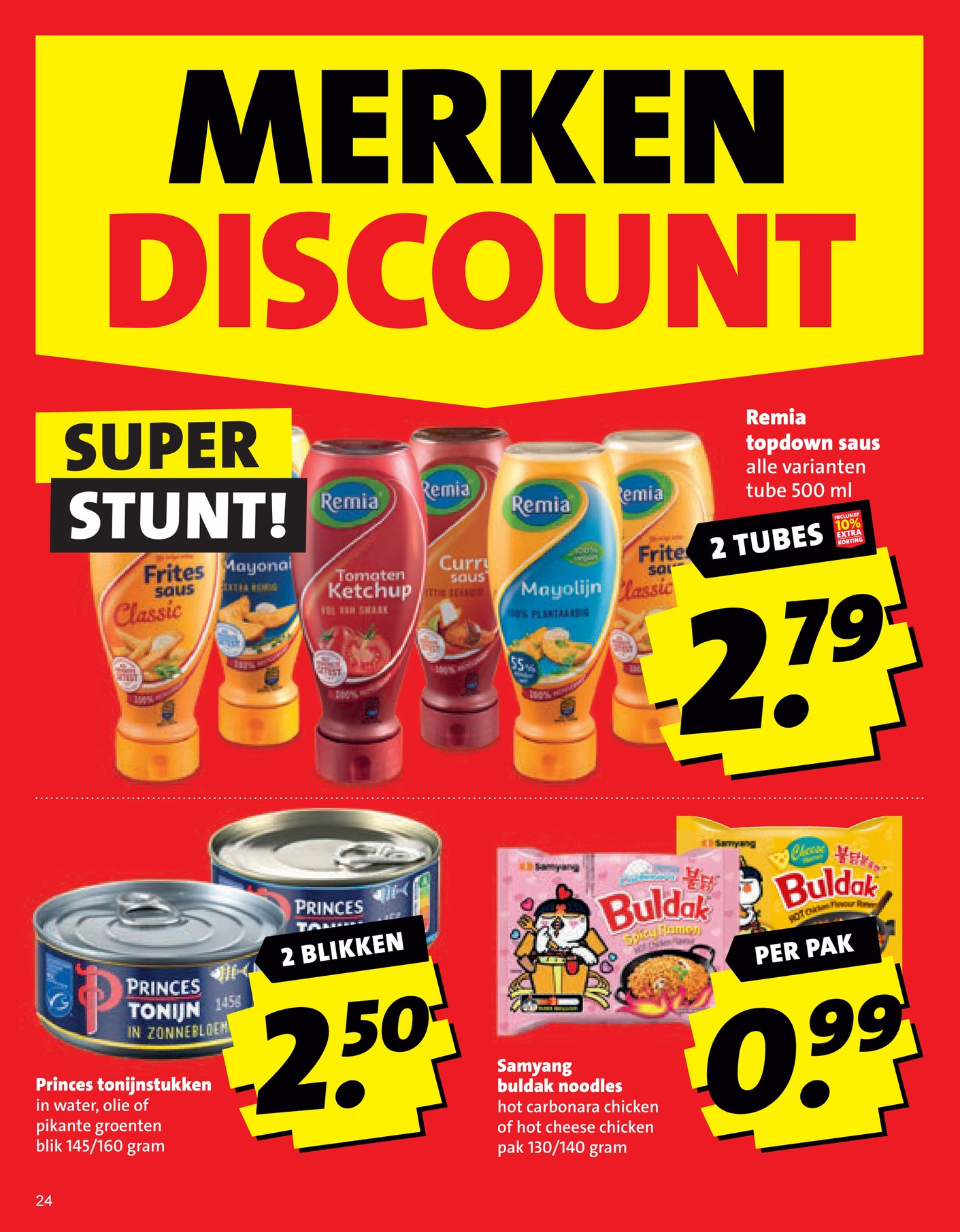 Buldak noodles (hot carbonara of hot cheese), gemarkeerd op pagina 24 van de Boni folder