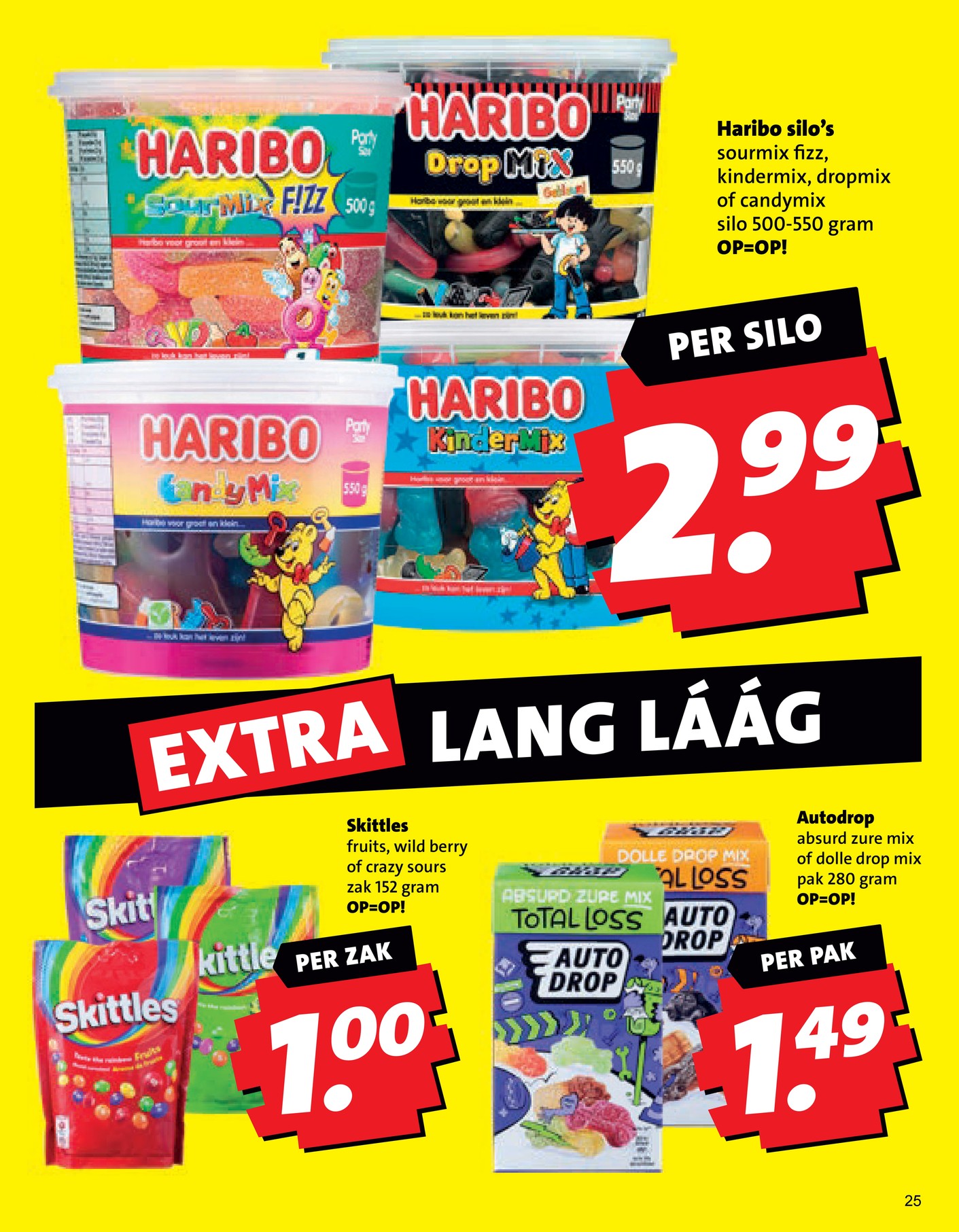 Snoep (absurd zure mix of dolle drop mix), gemarkeerd op pagina 25 van de Boni folder