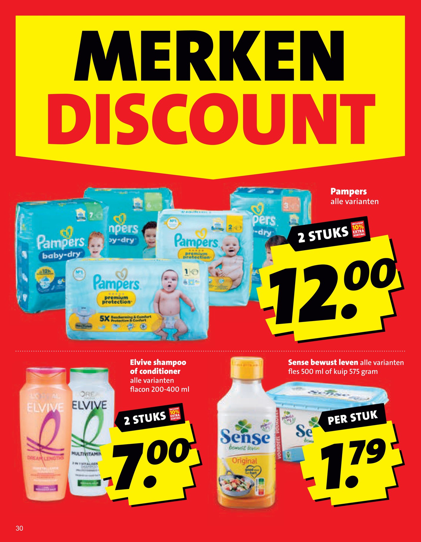 Pampers alle varianten, gemarkeerd op pagina 30 van de Boni folder