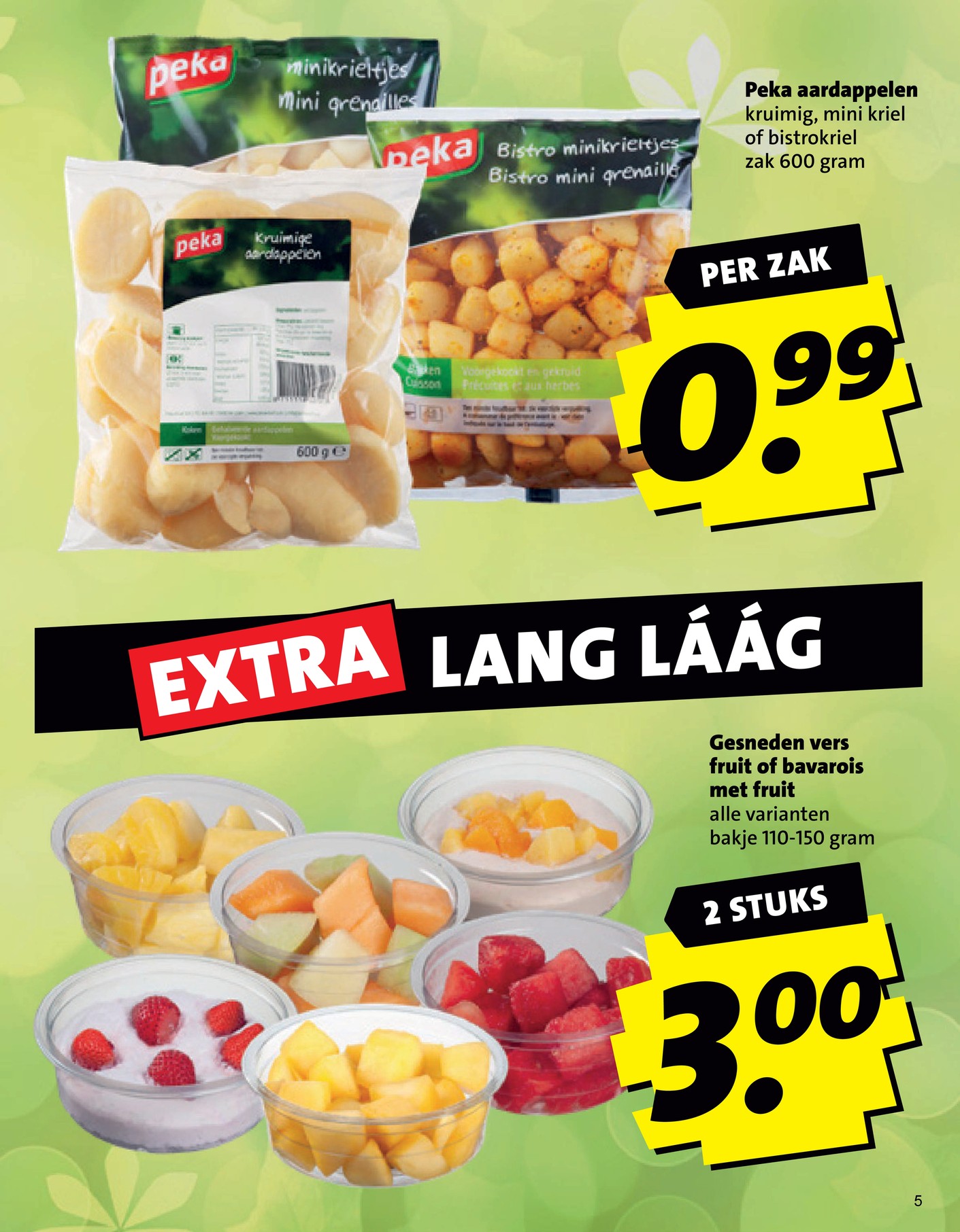 gesneden vers fruit of bavarois met fruit, gemarkeerd op pagina 5 van de Boni folder