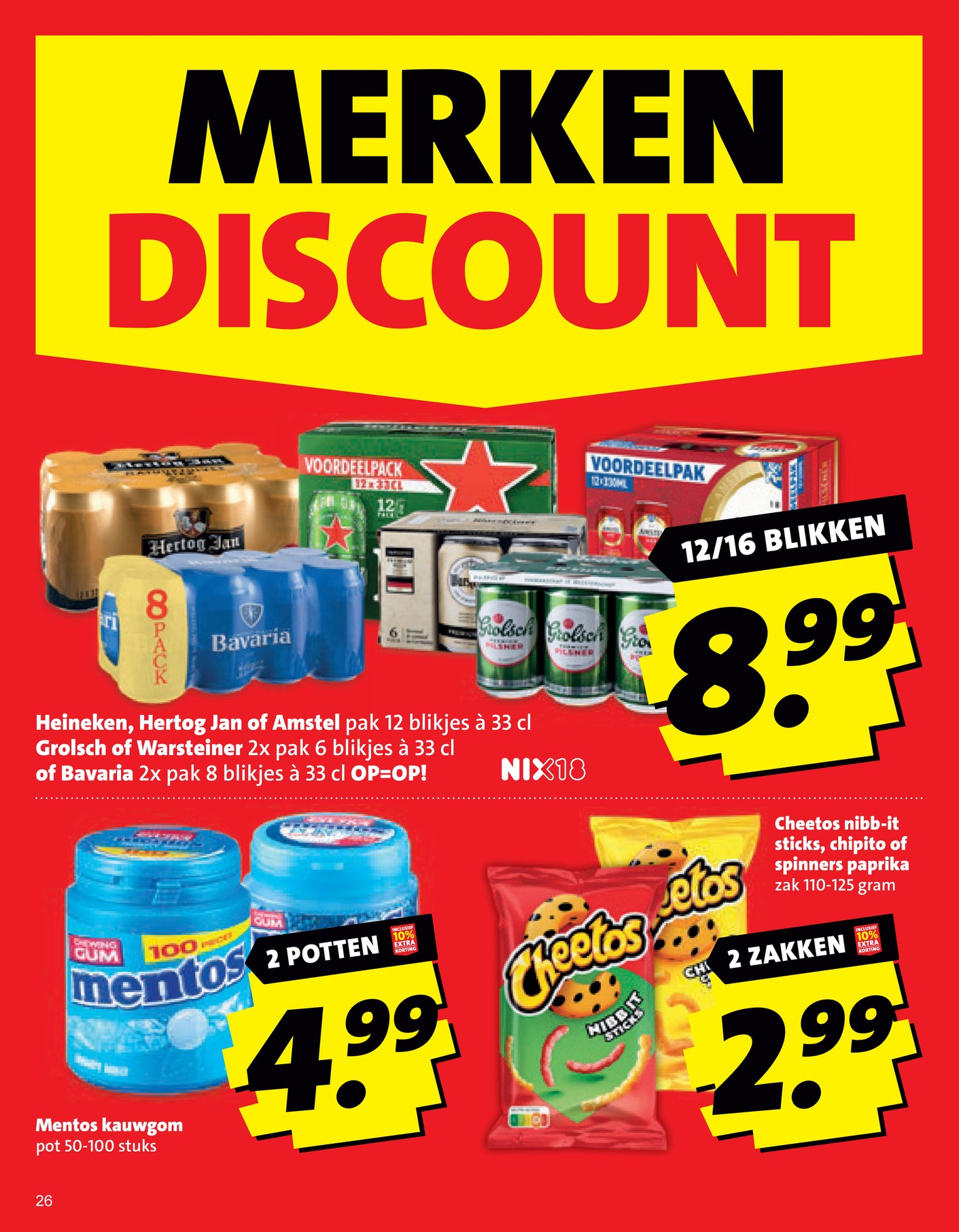 Bier (Heineken, Hertog Jan, Amstel, Grolsch, Warsteiner of Bavaria), gemarkeerd op pagina 26 van de Boni folder