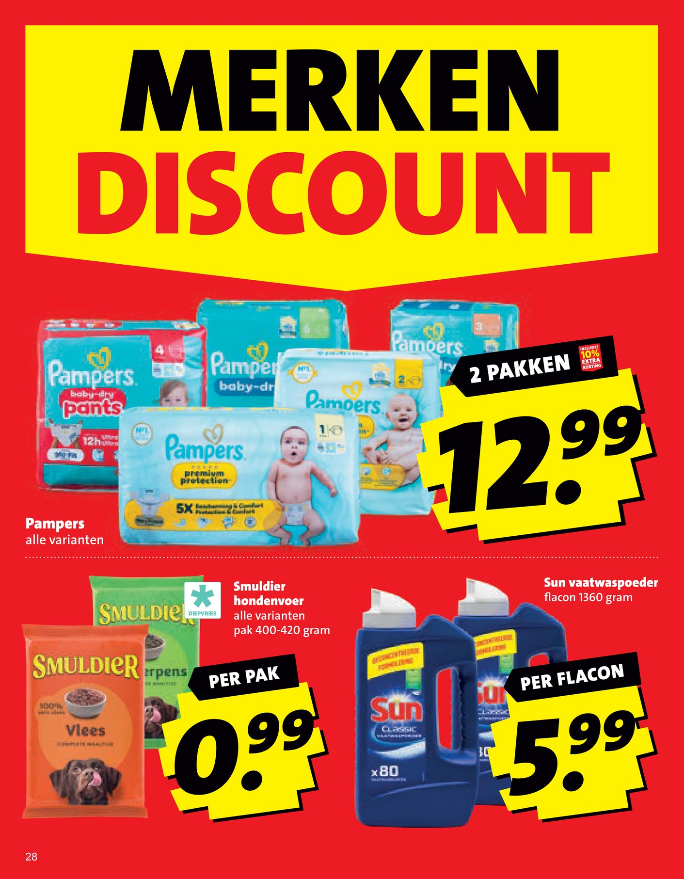 Pampers alle varianten, gemarkeerd op pagina 28 van de Boni folder