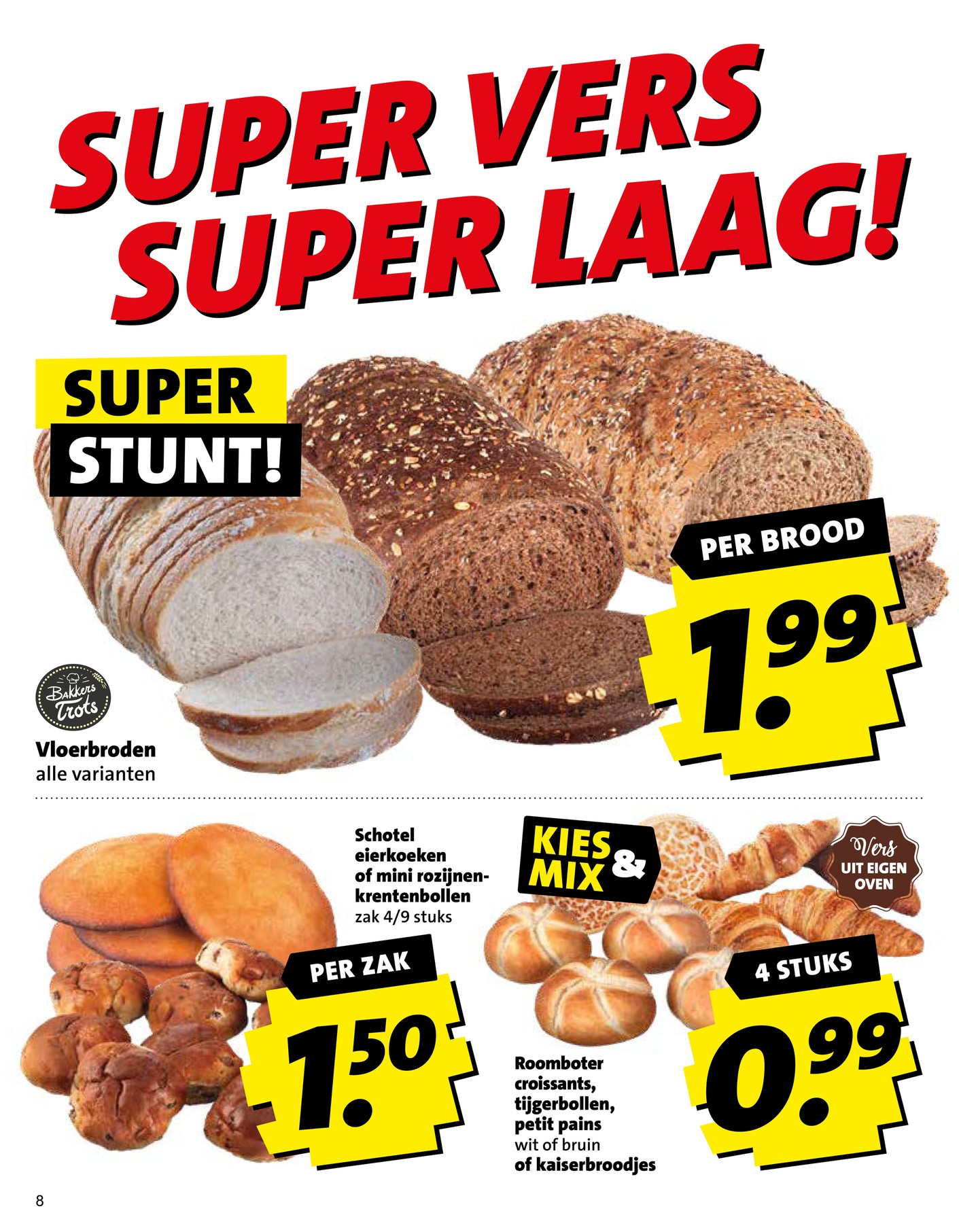 Roomboter croissants, tijgerbollen, petit pains wit of bruin of kaiserbroodjes, gemarkeerd op pagina 8 van de Boni folder
