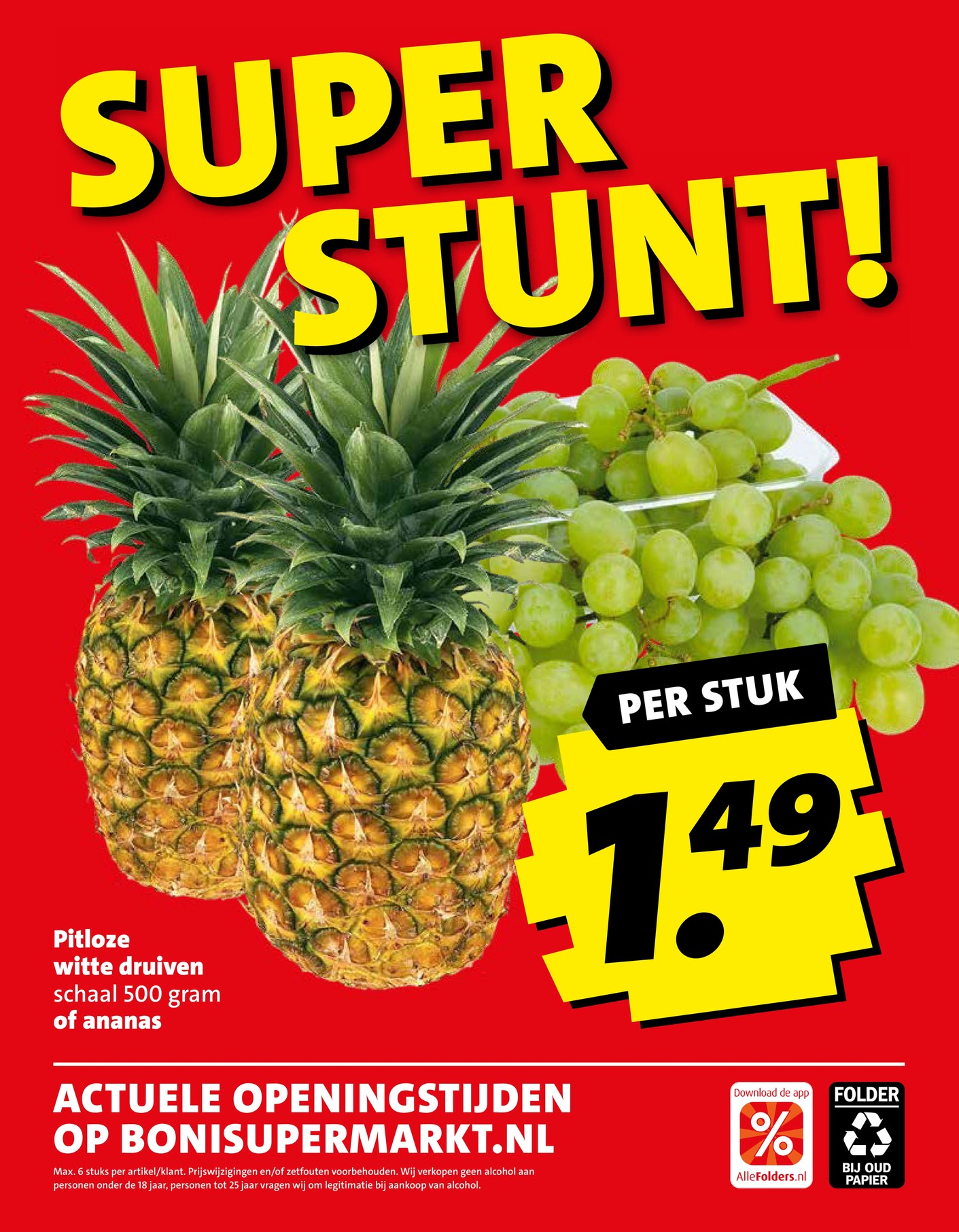 Pitloze witte druiven of ananas, gemarkeerd op pagina 36 van de Boni folder