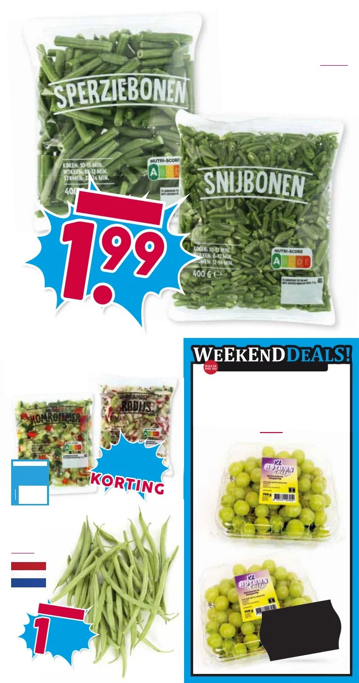 Sperziebonen en snijbonen, gemarkeerd op pagina 13 van de Boons Markt folder