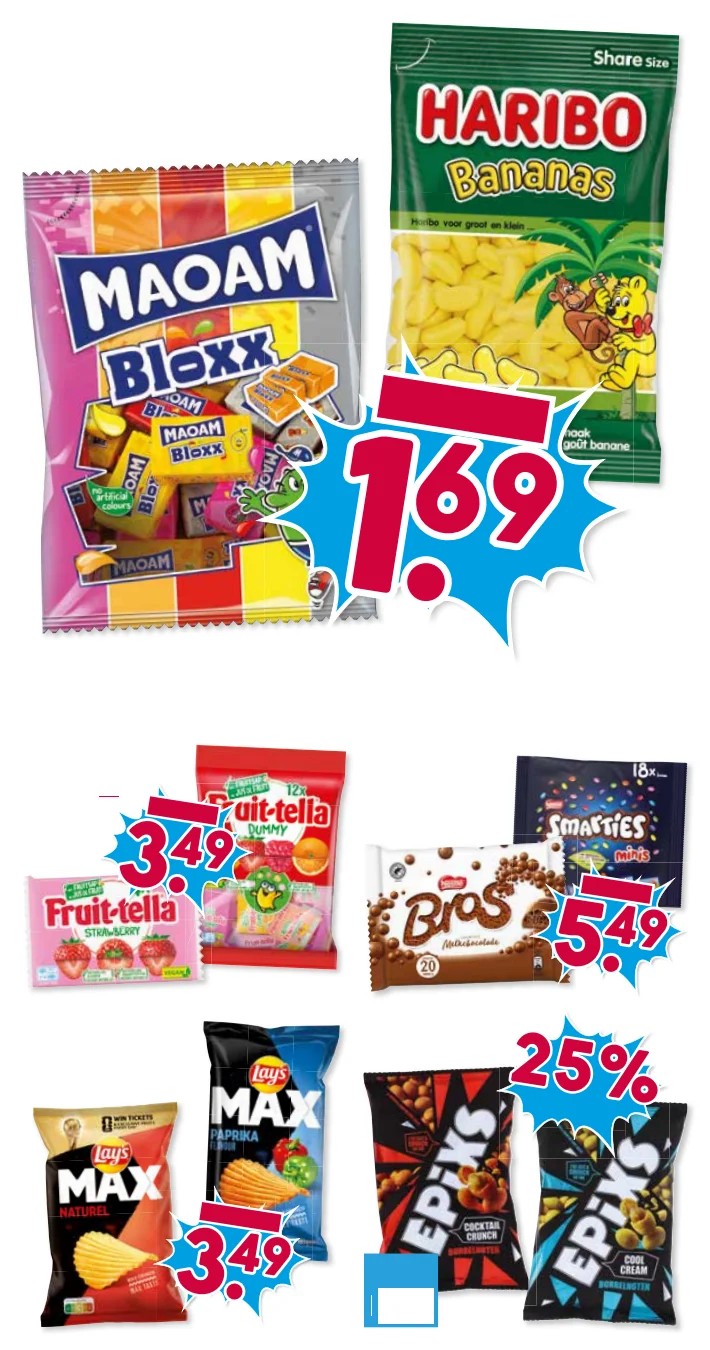 Maoam Bloxx en Haribo Bananas, gemarkeerd op pagina 17 van de Boons Markt folder
