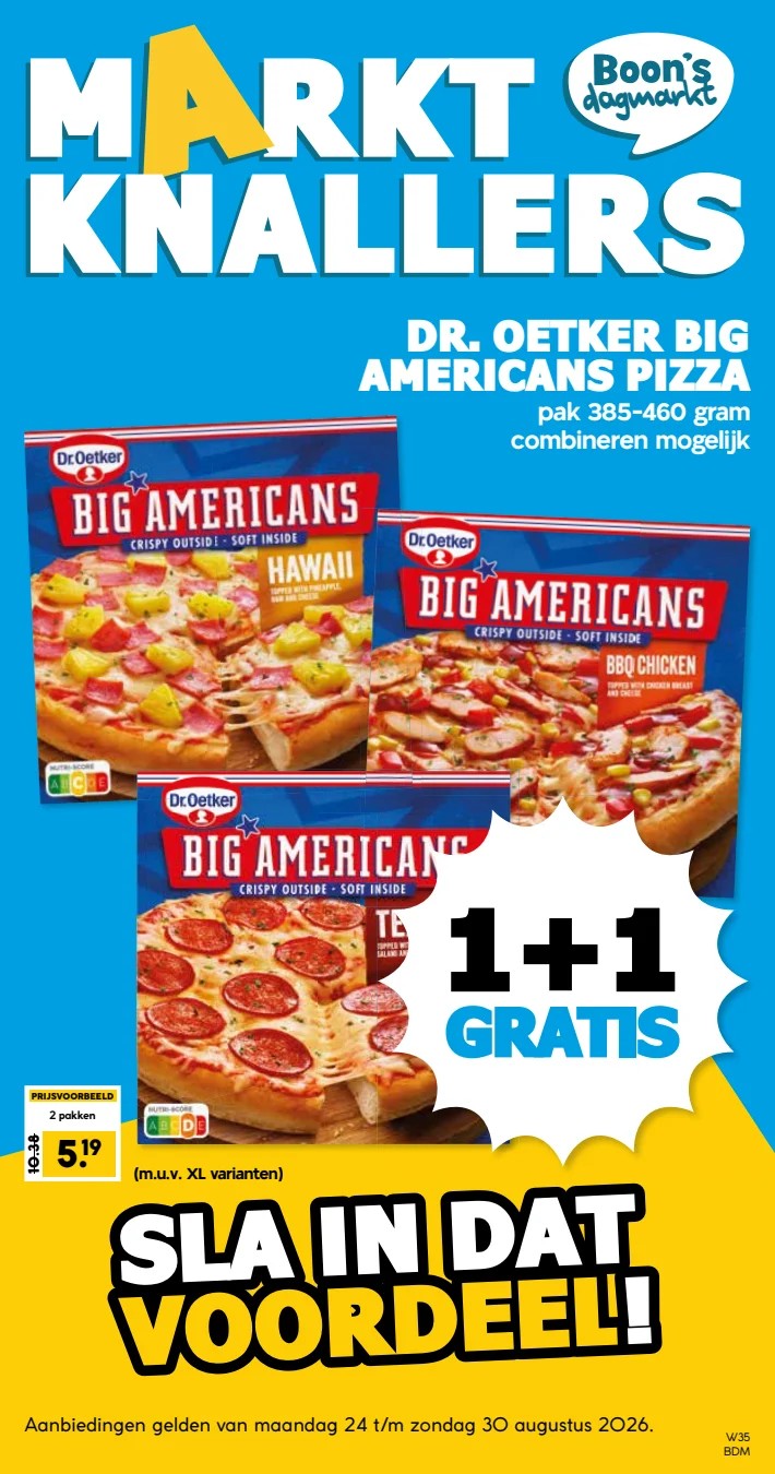 Dr. Oetker Big Americans Pizza, gemarkeerd op pagina 1 van de Boons Markt folder