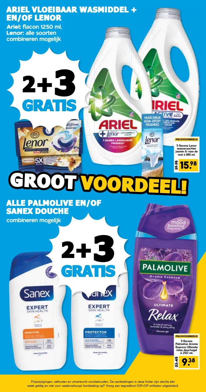 Vloeibaar wasmiddel en wasverzachter, gemarkeerd op pagina 21 van de Boons Markt folder
