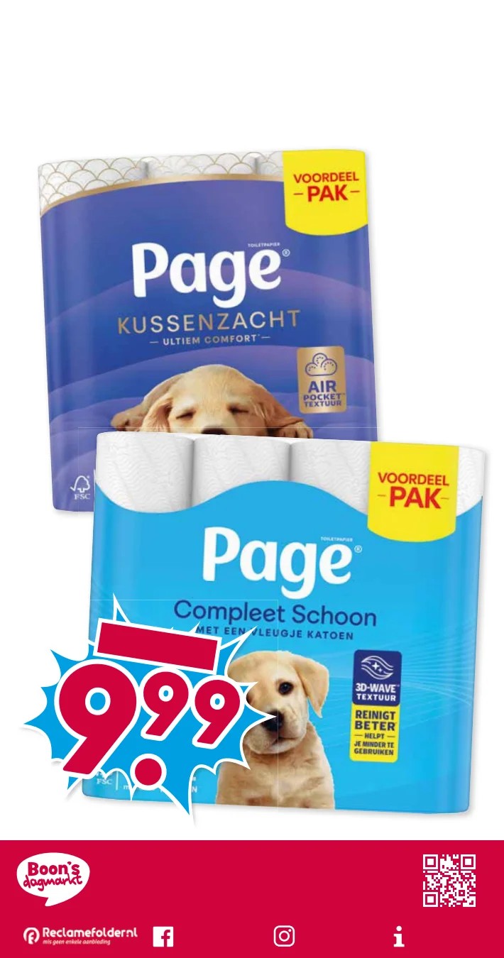 Toiletpapier Kussenzacht / Compleet Schoon, gemarkeerd op pagina 24 van de Boons Markt folder