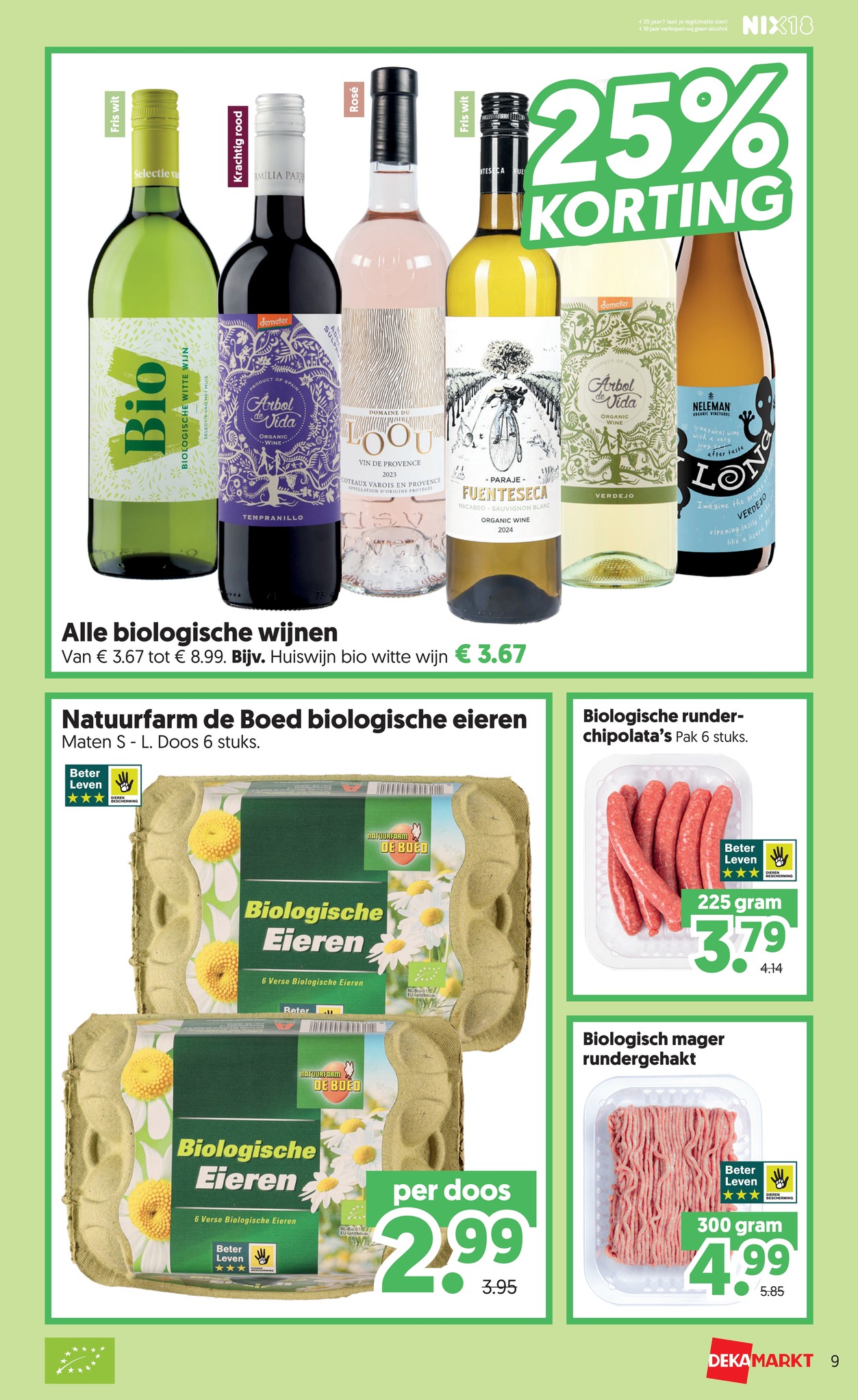 Alle biologische wijnen, gemarkeerd op pagina 9 van de Dekamarkt folder