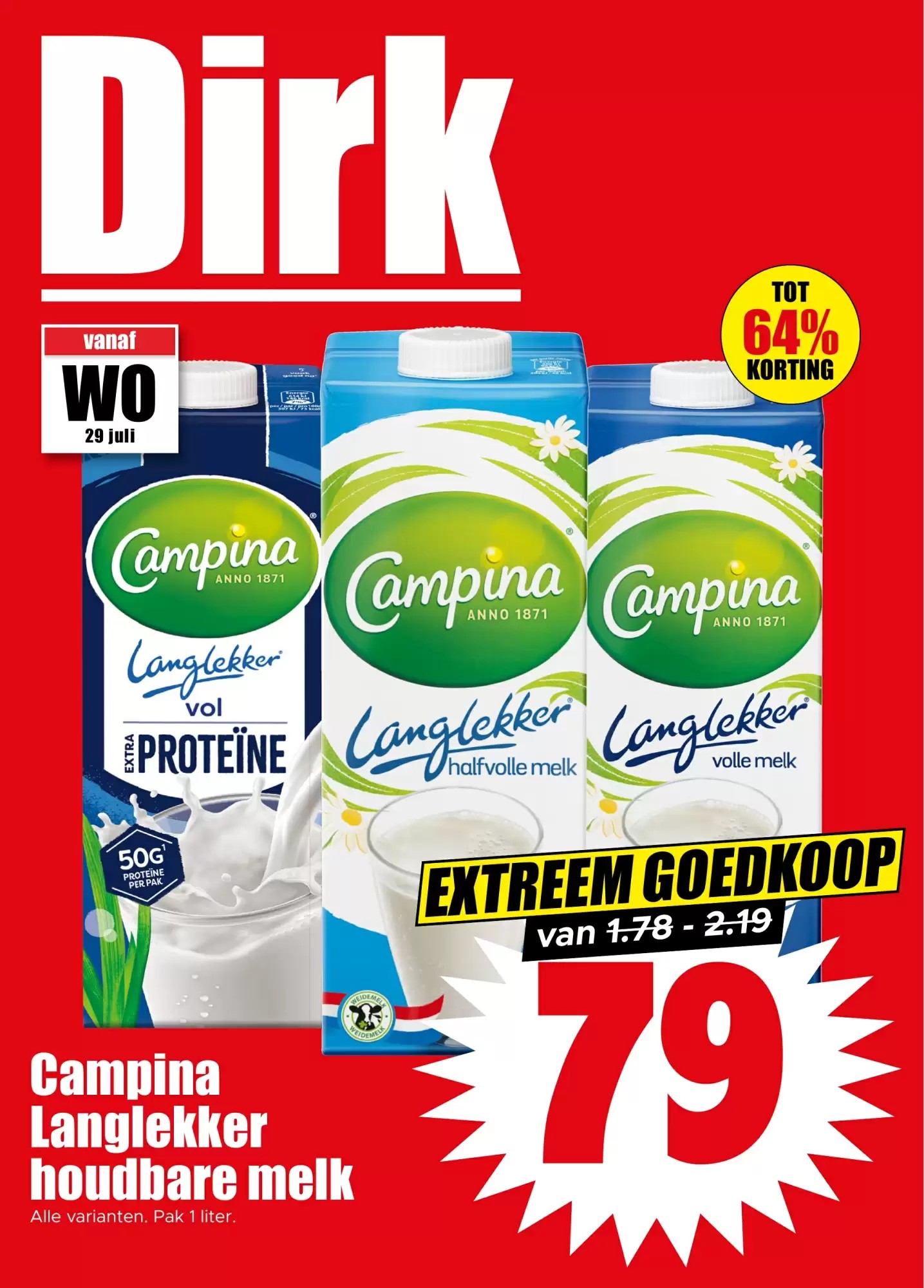 Campina Langlekker houdbare melk, gemarkeerd op pagina 1 van de Dirk folder