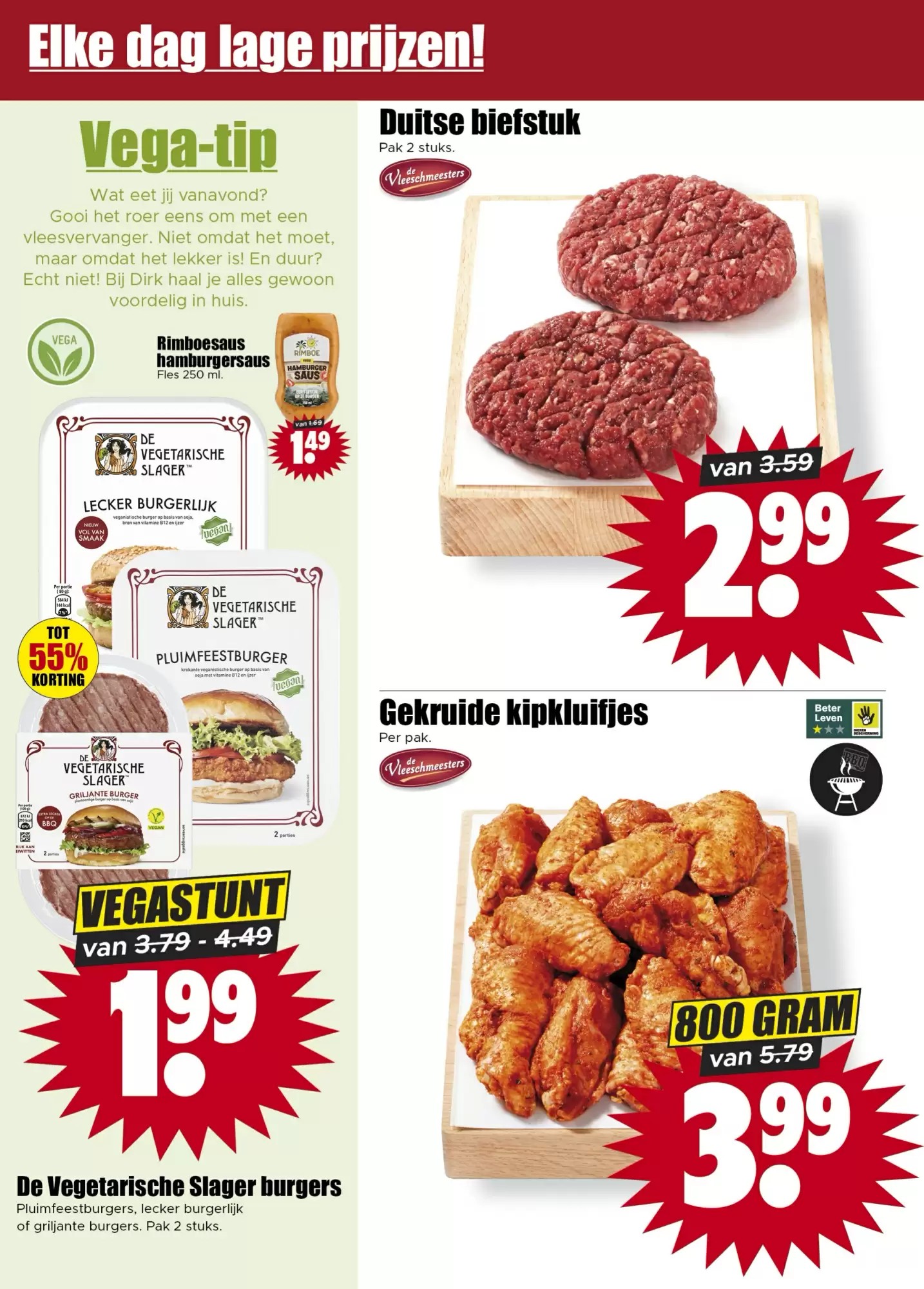 De Vegetarische Slager burgers, gemarkeerd op pagina 4 van de Dirk folder