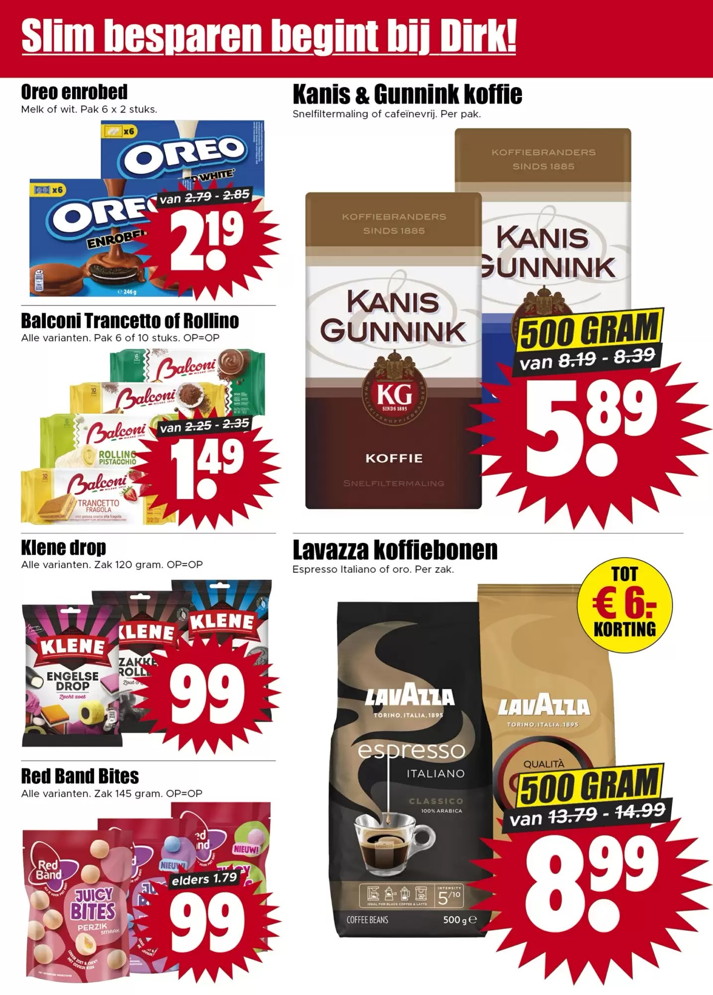 Koffiebonen Espresso Italiano of oro, gemarkeerd op pagina 16 van de Dirk folder