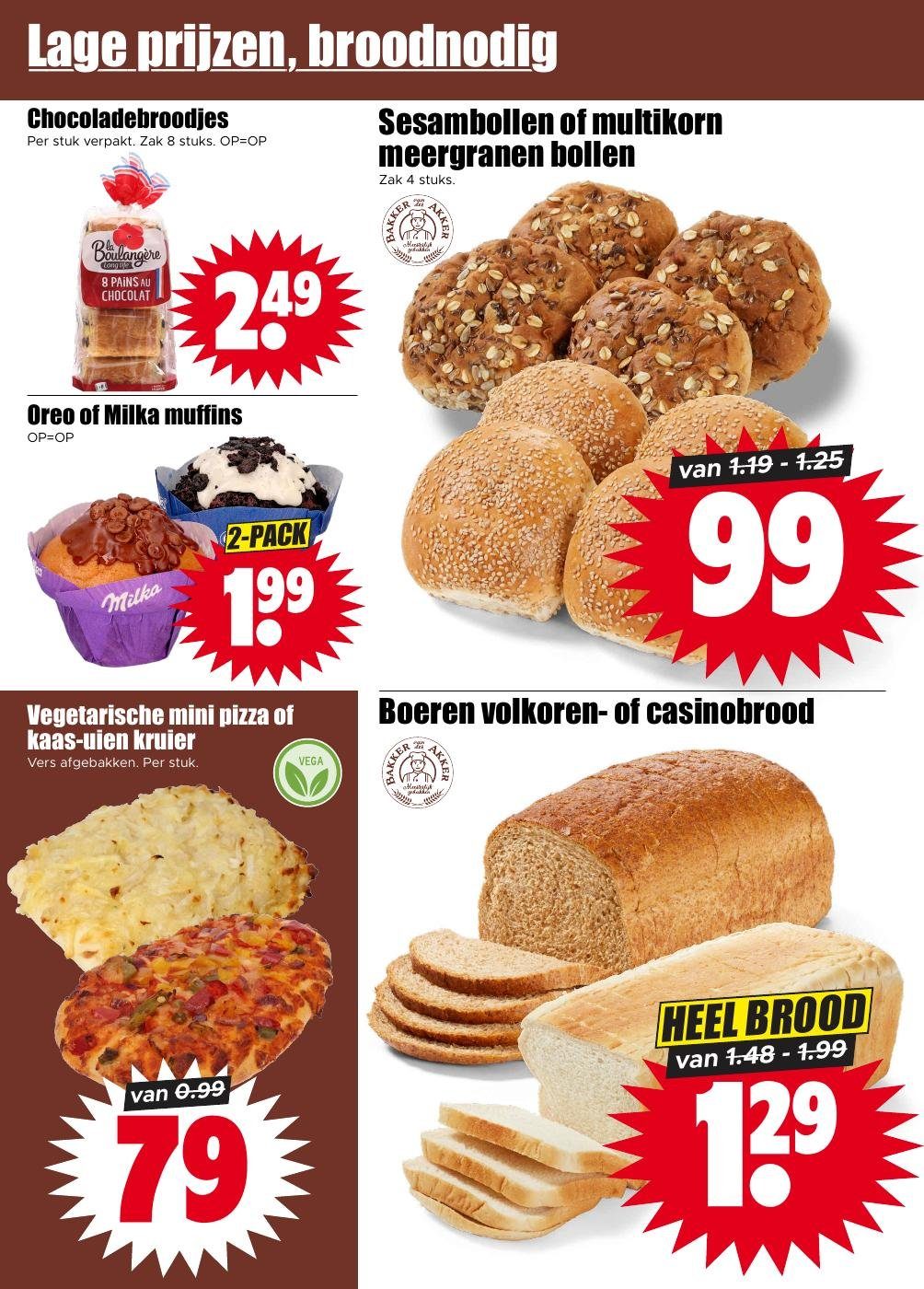 Vegetarische mini pizza of kaas-uien kruier, gemarkeerd op pagina 6 van de Dirk folder