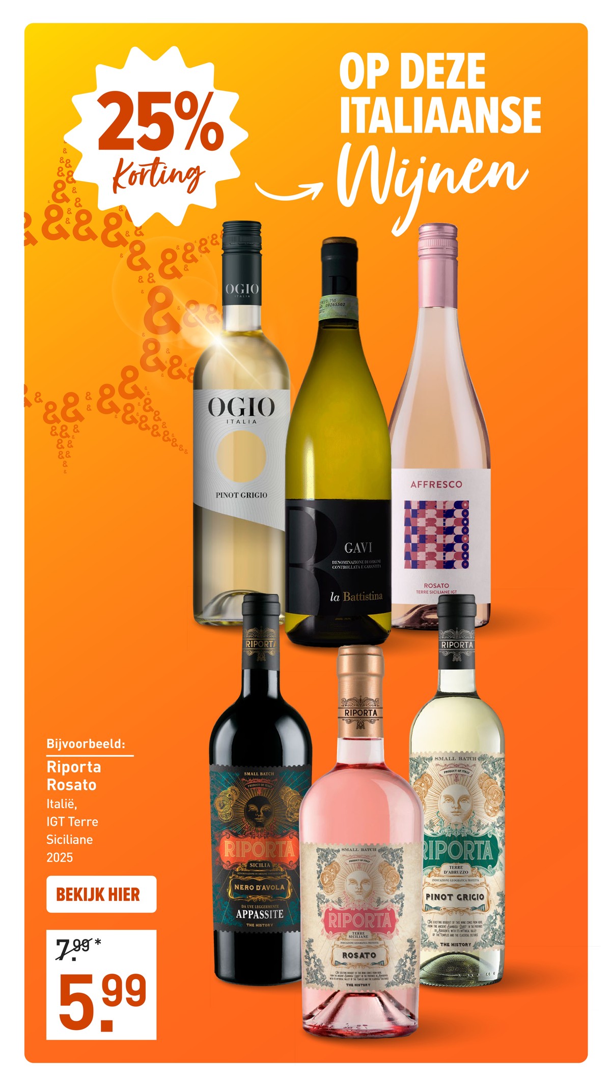 Diverse Italiaanse wijnen (o.a. Riporta, Ogio, Gavi, Affresco), gemarkeerd op pagina 5 van de Gall & Gall folder