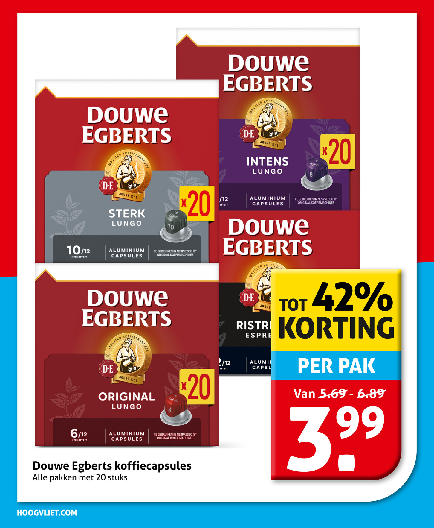 Douwe Egberts koffiecapsules, gemarkeerd op pagina 2 van de Hoogvliet folder