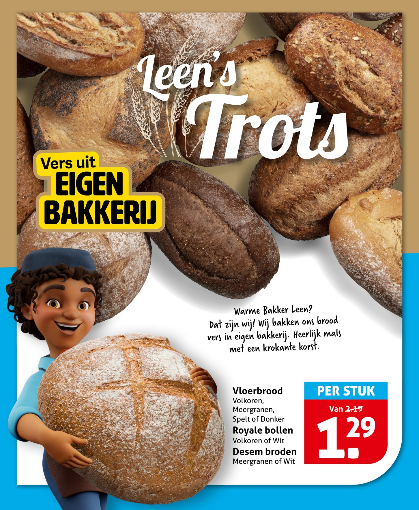 Vloerbrood, Royale bollen en Desem broden, gemarkeerd op pagina 2 van de Hoogvliet folder
