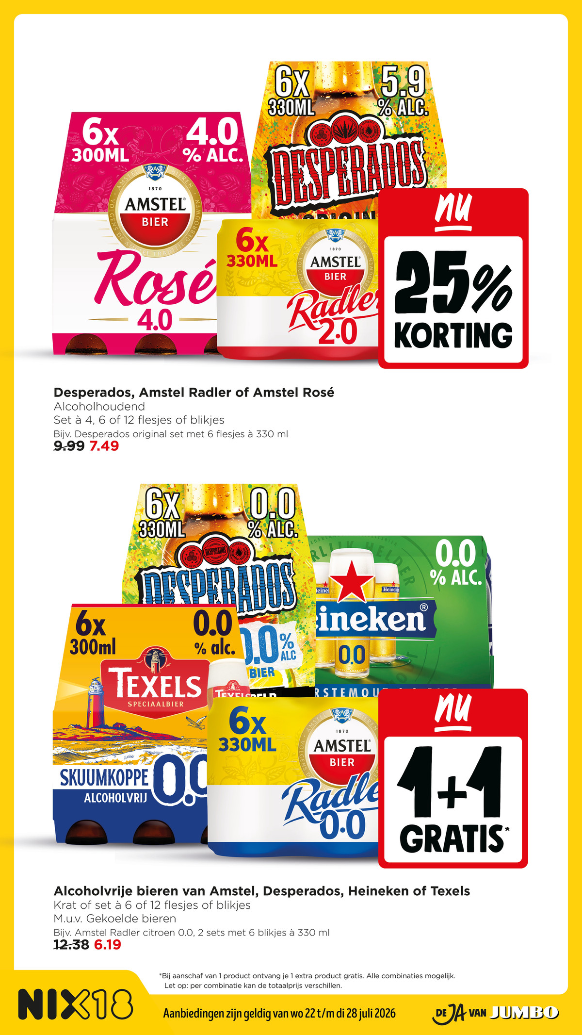 Alcoholvrije bieren van Amstel, Desperados, Heineken of Texels, gemarkeerd op pagina 21 van de Jumbo folder