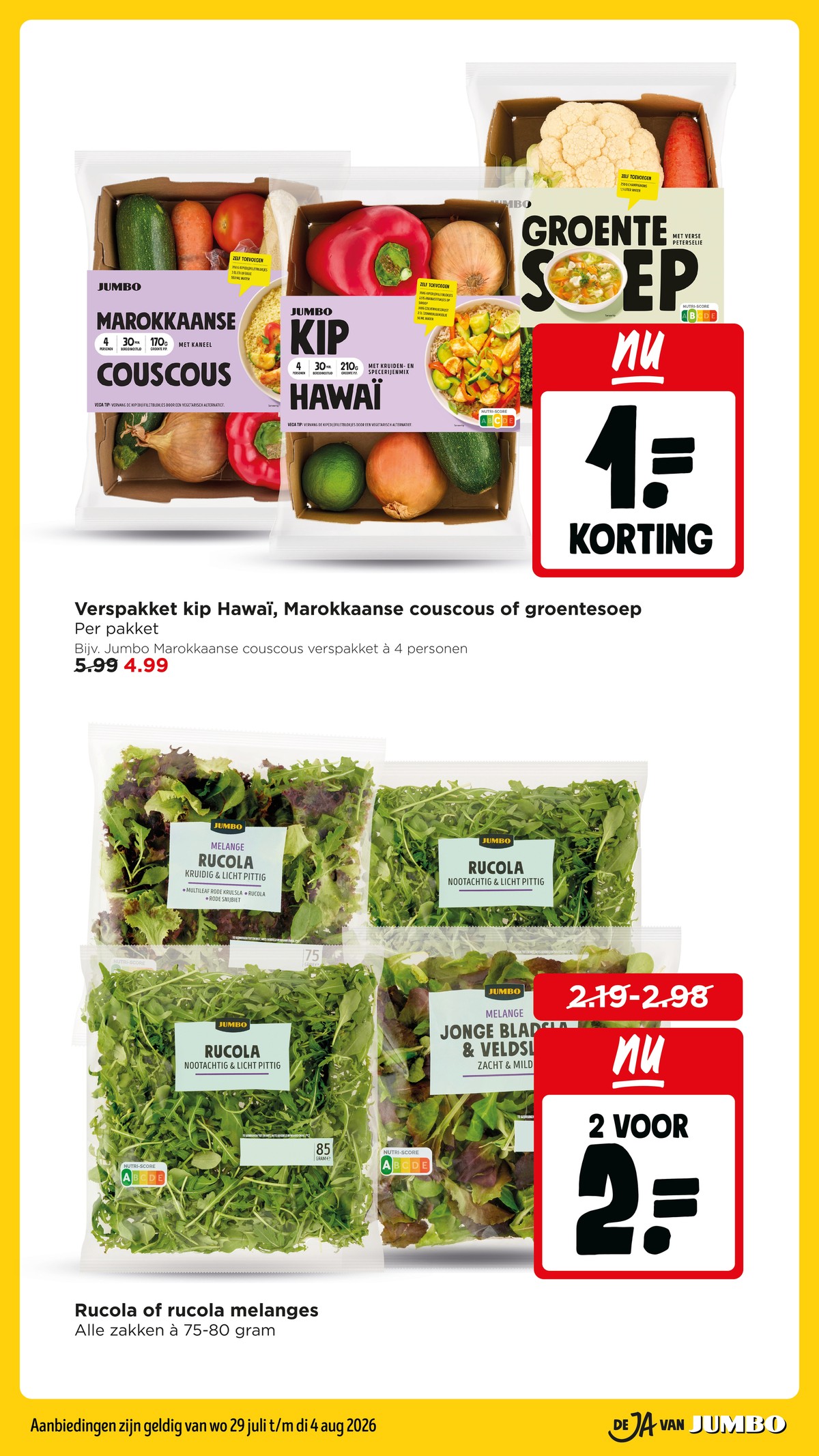 Verspakket kip Hawaï, Marokkaanse couscous of groentesoep, gemarkeerd op pagina 7 van de Jumbo folder